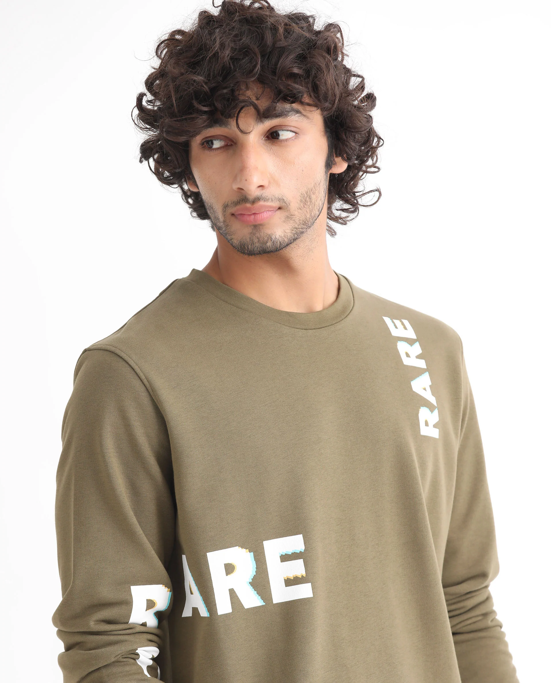 Rare Rabbit Men's Cloviss Olive Cotton Monogram Print Regular Fit Full Sleeve Crew Neck Sweatshirt - Image 5