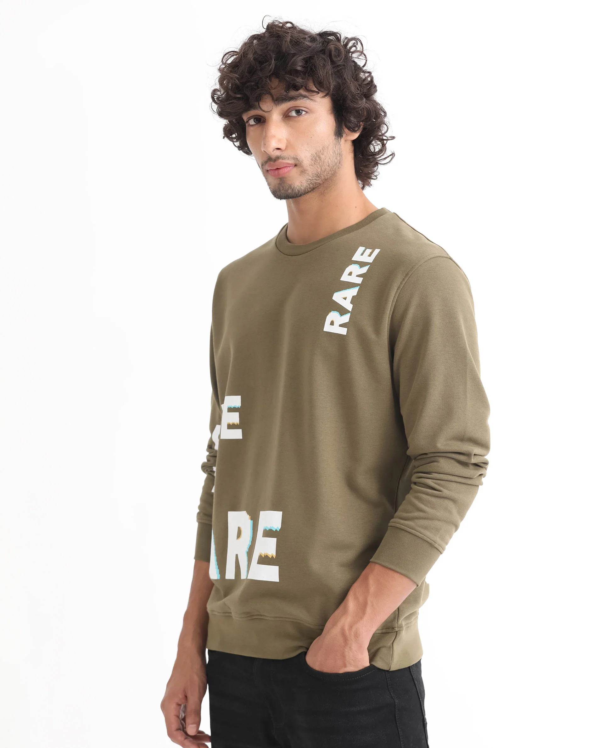 Rare Rabbit Men's Cloviss Olive Cotton Monogram Print Regular Fit Full Sleeve Crew Neck Sweatshirt - Image 6