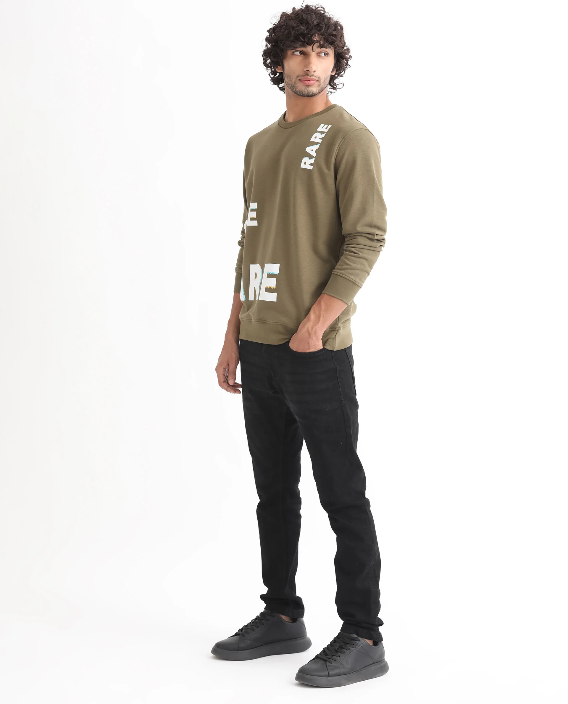 Rare Rabbit Men's Cloviss Olive Cotton Monogram Print Regular Fit Full Sleeve Crew Neck Sweatshirt - Image 7