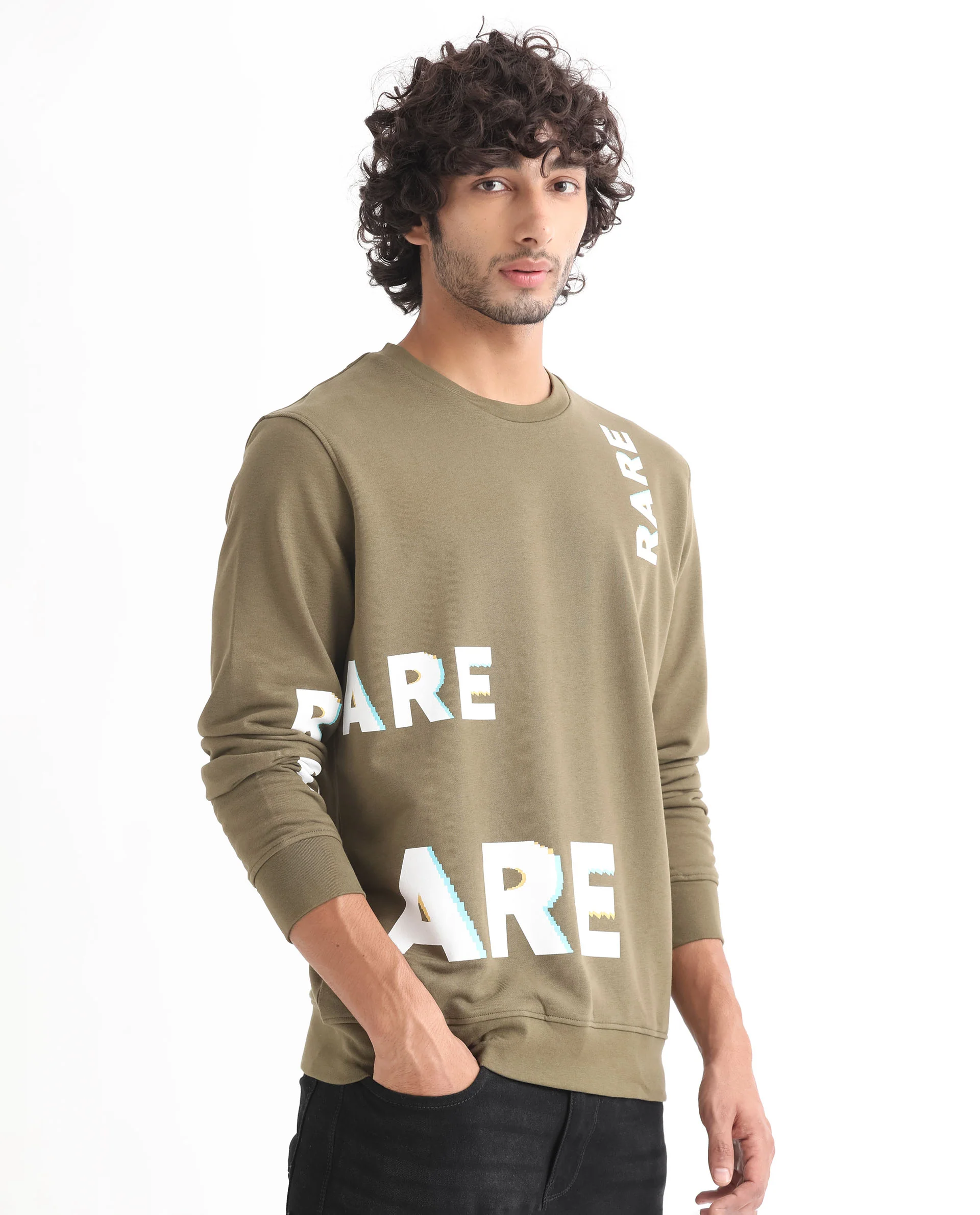 Rare Rabbit Men's Cloviss Olive Cotton Monogram Print Regular Fit Full Sleeve Crew Neck Sweatshirt - Image 8