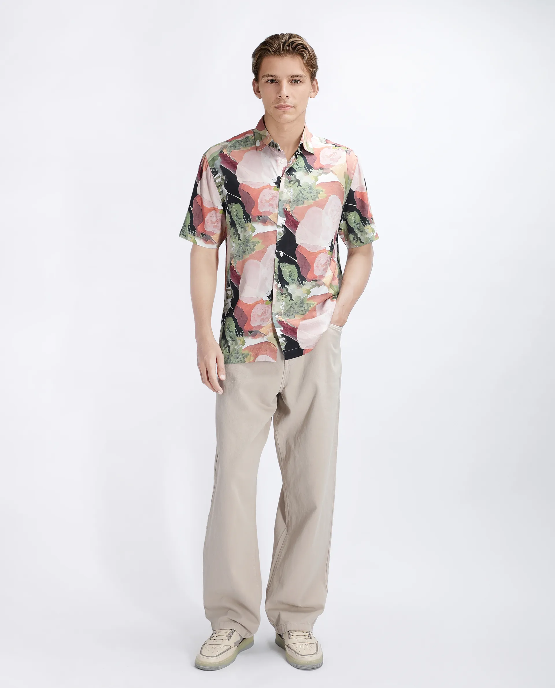 Rare Rabbit Men's Clow Pastel Peach Viscose Abstract Print Regular Fit Half Sleeve Collared Shirt - Image 2