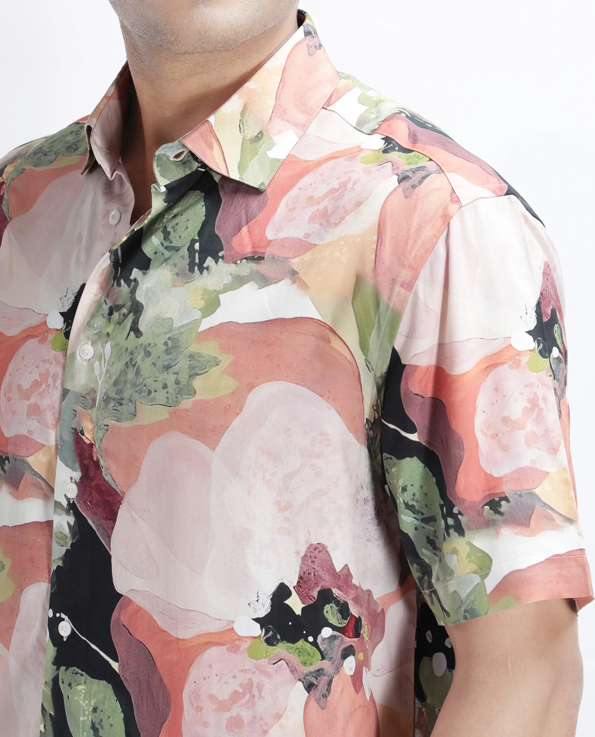 Rare Rabbit Men's Clow Pastel Peach Viscose Abstract Print Regular Fit Half Sleeve Collared Shirt - Image 3