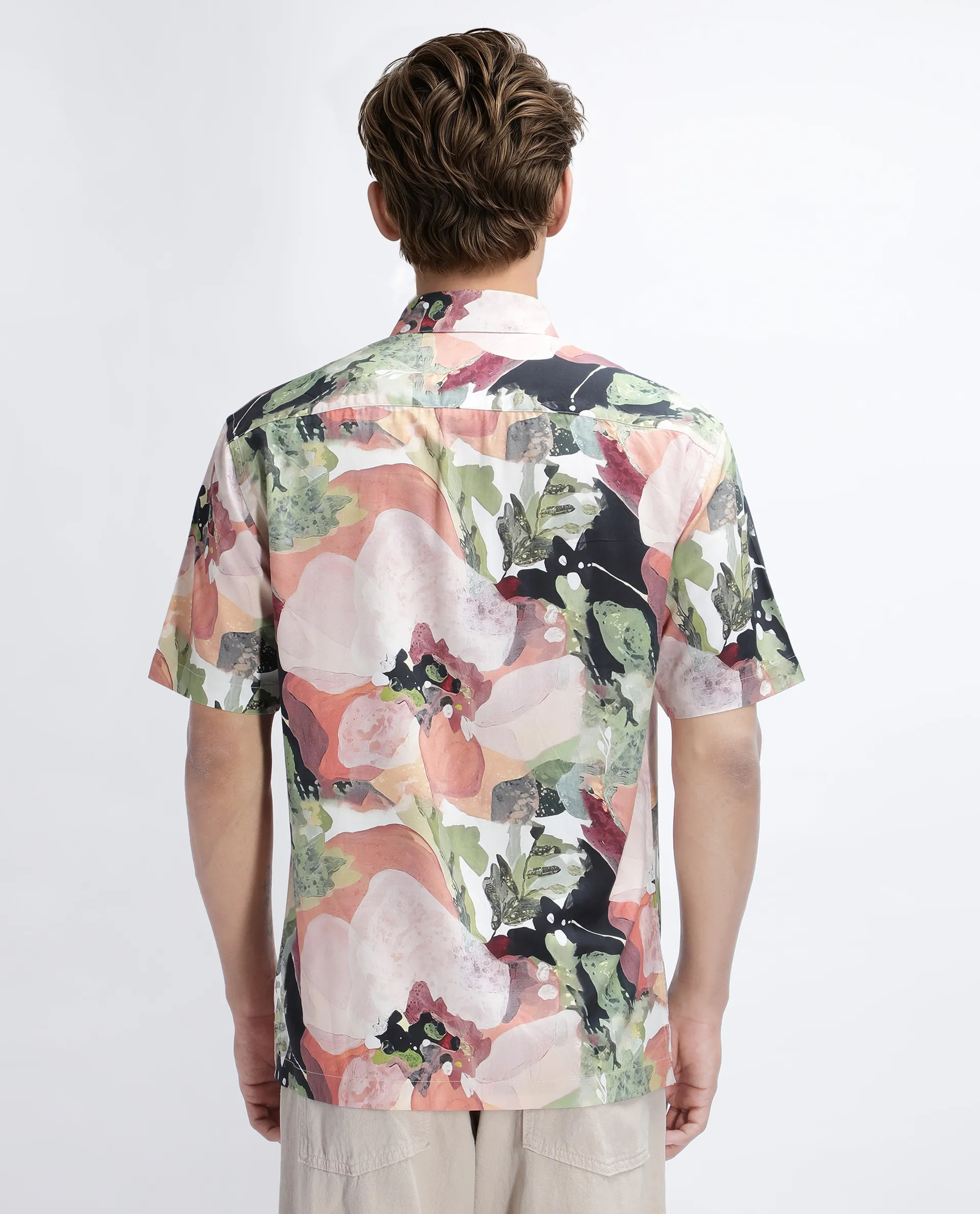 Rare Rabbit Men's Clow Pastel Peach Viscose Abstract Print Regular Fit Half Sleeve Collared Shirt - Image 4