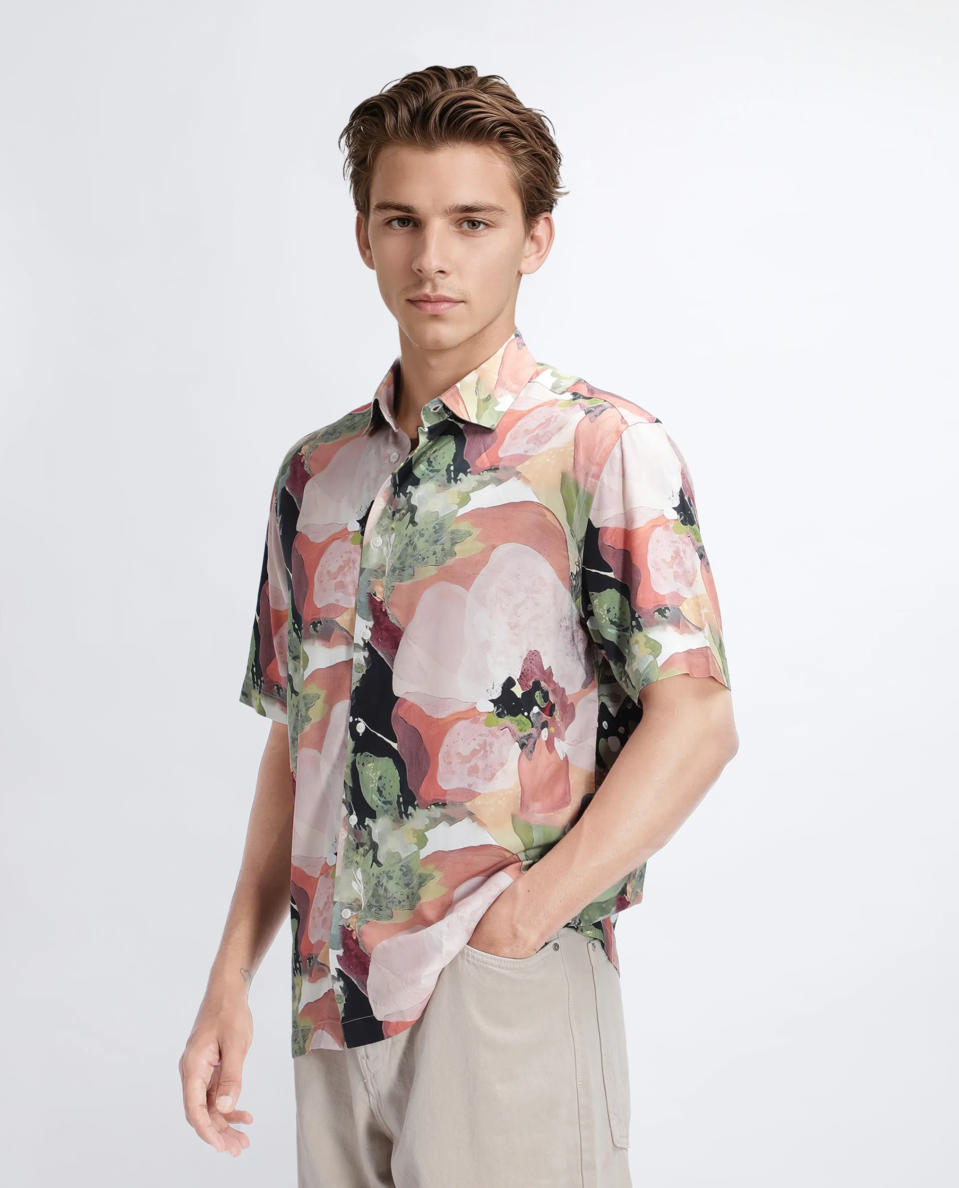 Rare Rabbit Men's Clow Pastel Peach Viscose Abstract Print Regular Fit Half Sleeve Collared Shirt - Image 5