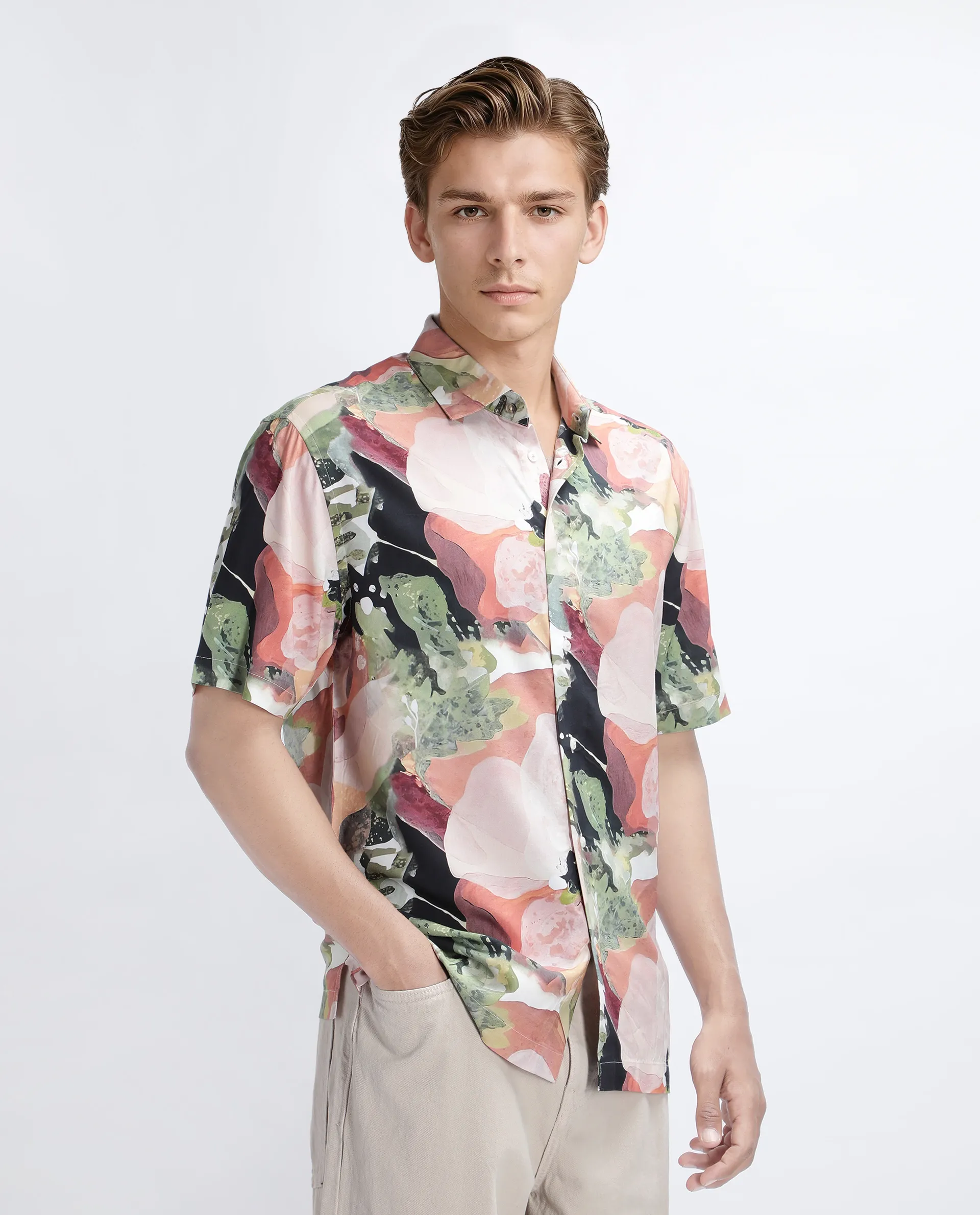 Rare Rabbit Men's Clow Pastel Peach Viscose Abstract Print Regular Fit Half Sleeve Collared Shirt - Image 6