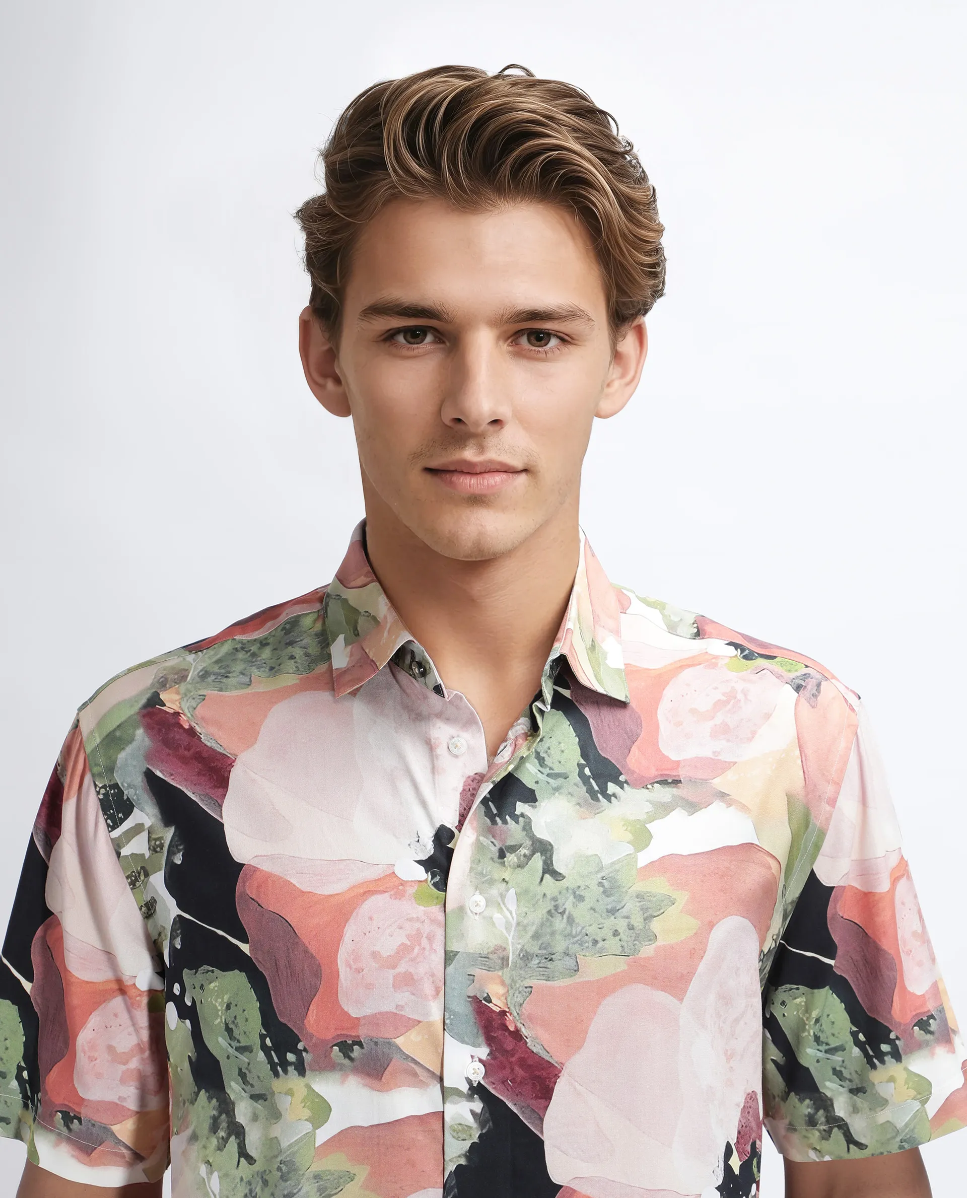 Rare Rabbit Men's Clow Pastel Peach Viscose Abstract Print Regular Fit Half Sleeve Collared Shirt - Image 7