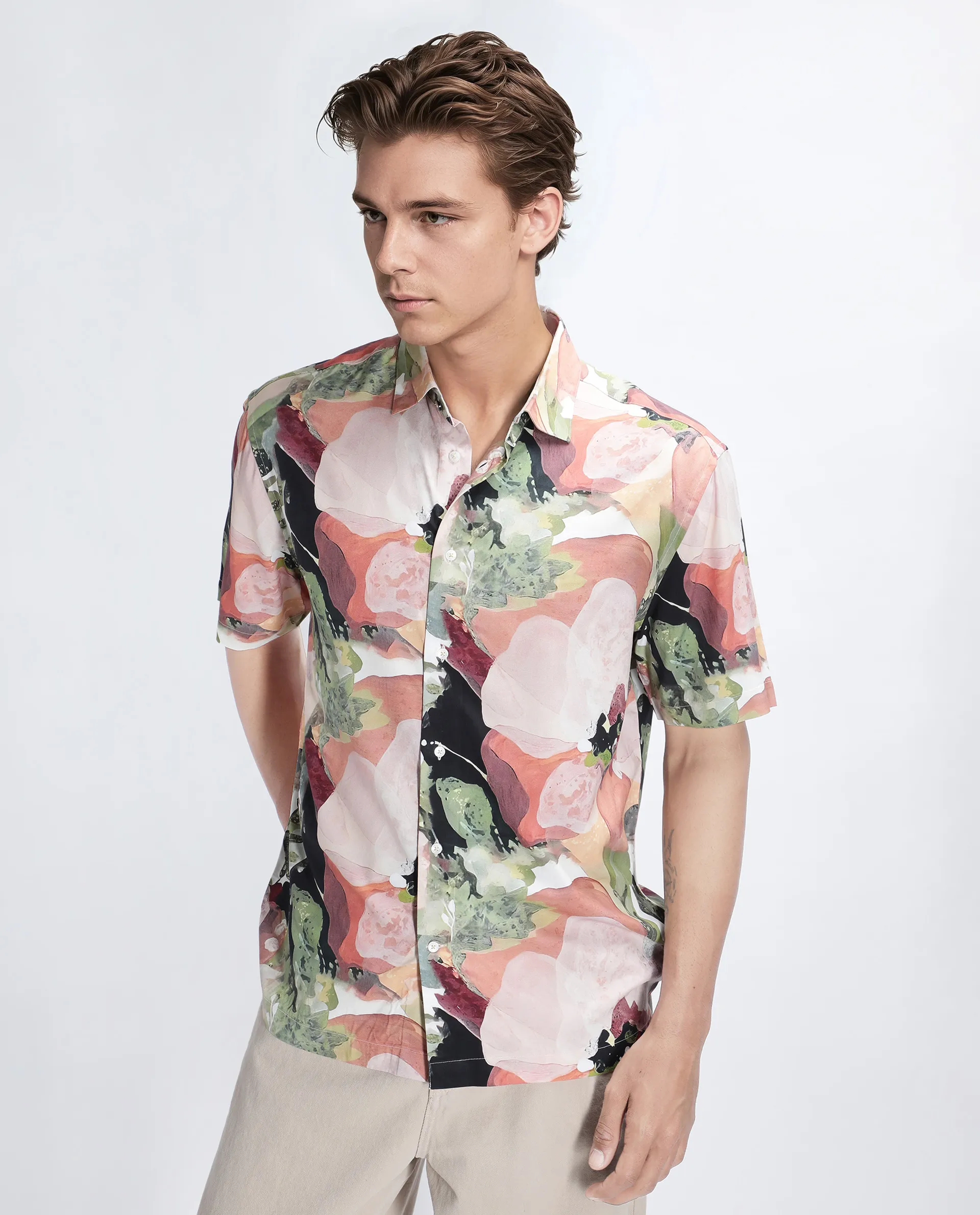 Rare Rabbit Men's Clow Pastel Peach Viscose Abstract Print Regular Fit Half Sleeve Collared Shirt - Image 8