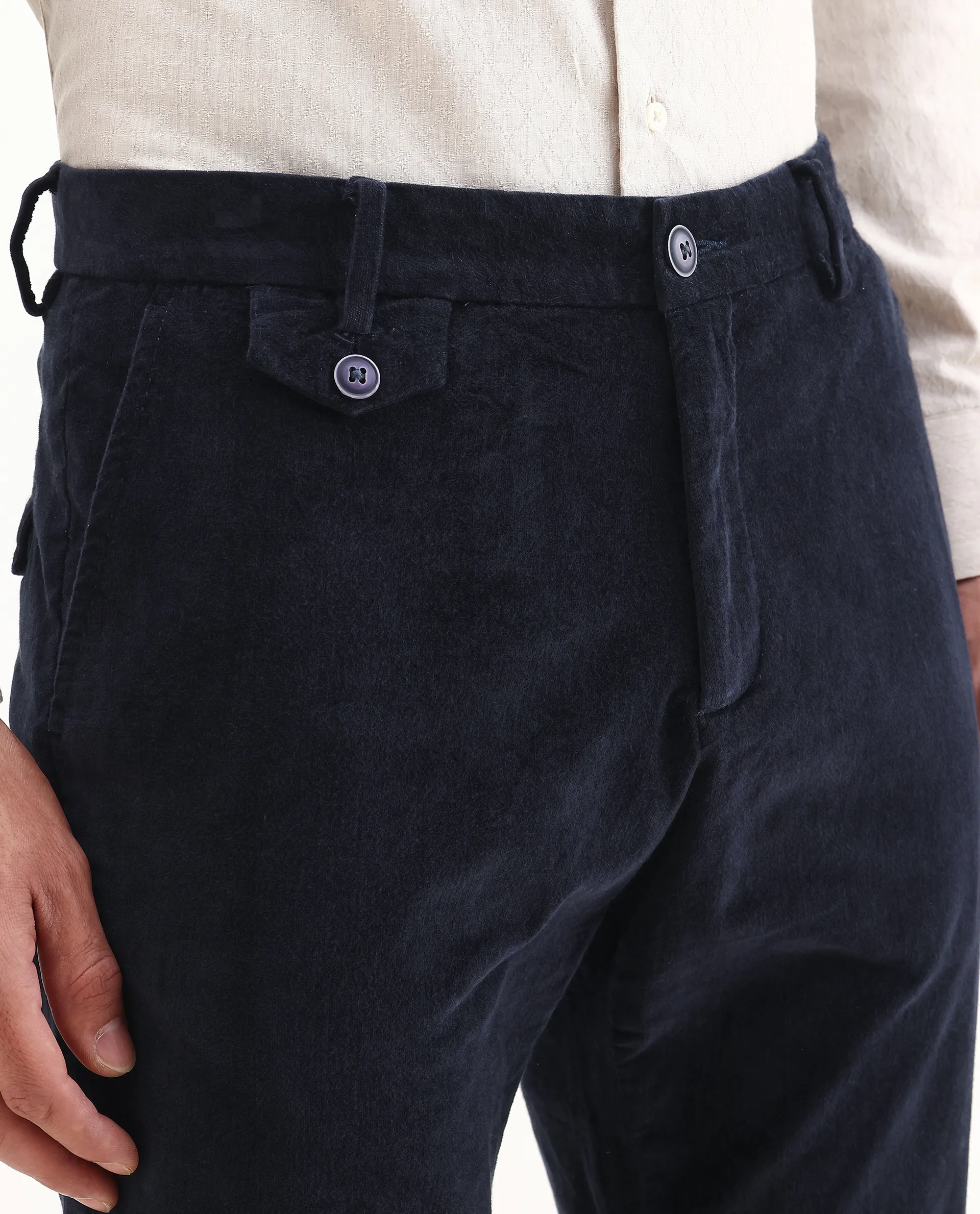 Rare Rabbit Men's Cloy Navy Cotton Plain Regular Fit Trouser - Image 3