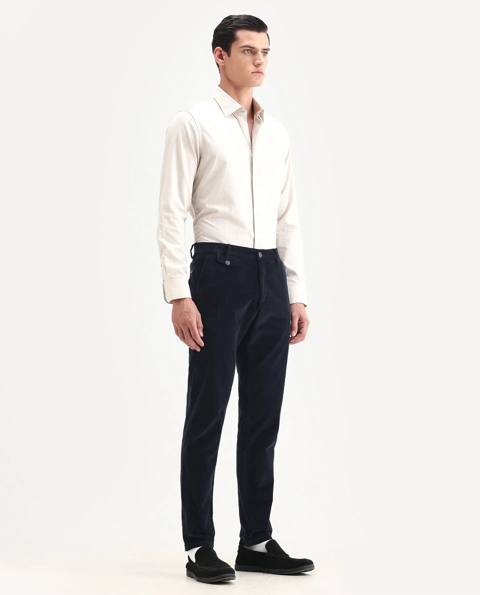 Rare Rabbit Men's Cloy Navy Cotton Plain Regular Fit Trouser - Image 4