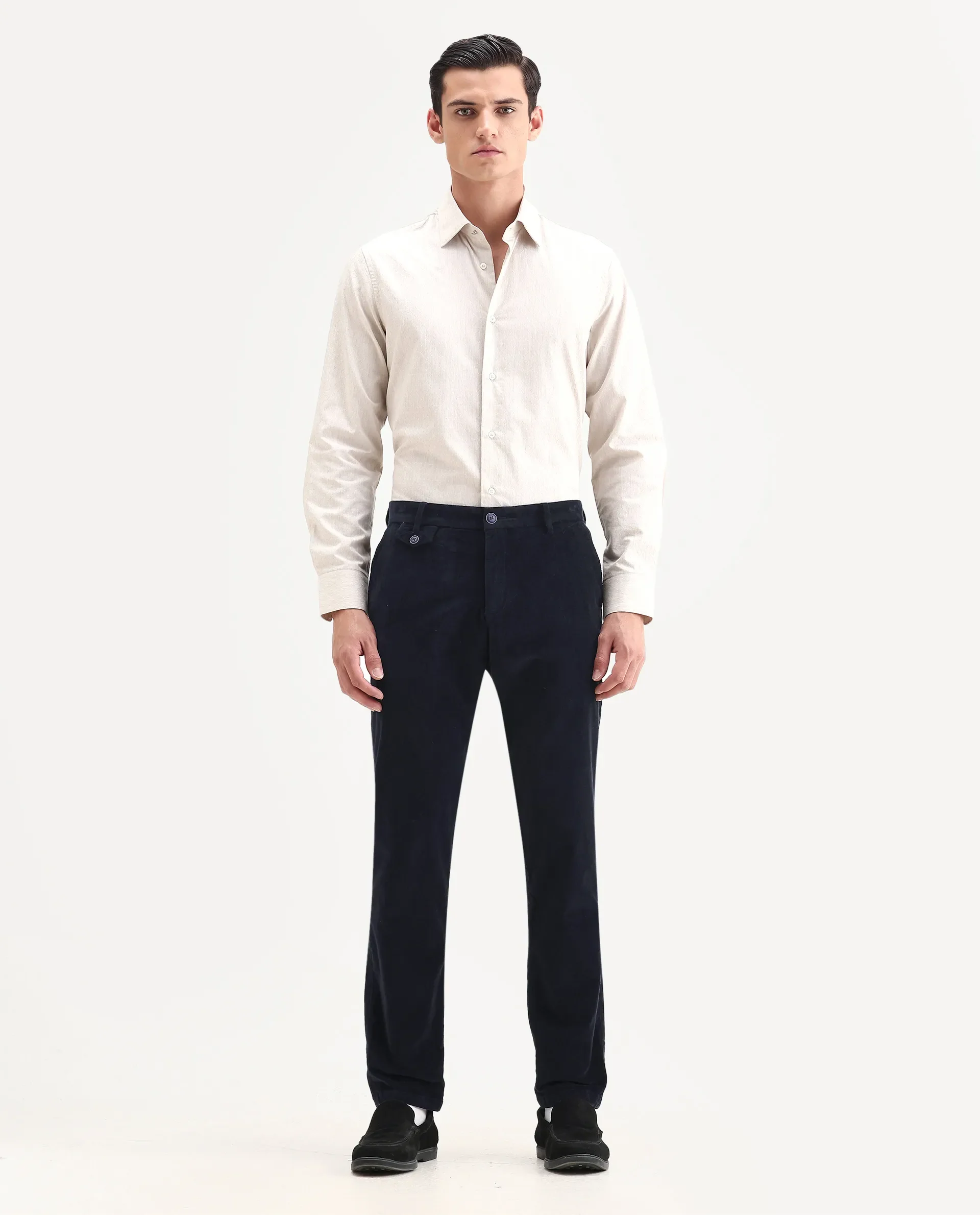 Rare Rabbit Men's Cloy Navy Cotton Plain Regular Fit Trouser - Image 6