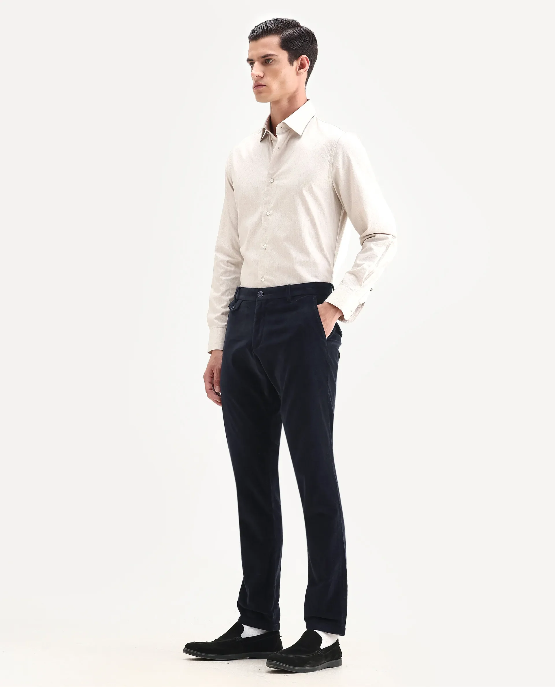 Rare Rabbit Men's Cloy Navy Cotton Plain Regular Fit Trouser - Image 7