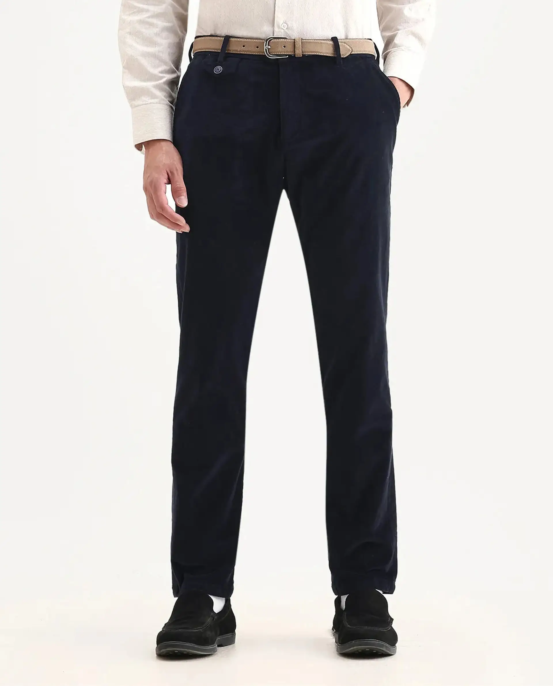 Rare Rabbit Men's Cloy Navy Cotton Plain Regular Fit Trouser - Image 9
