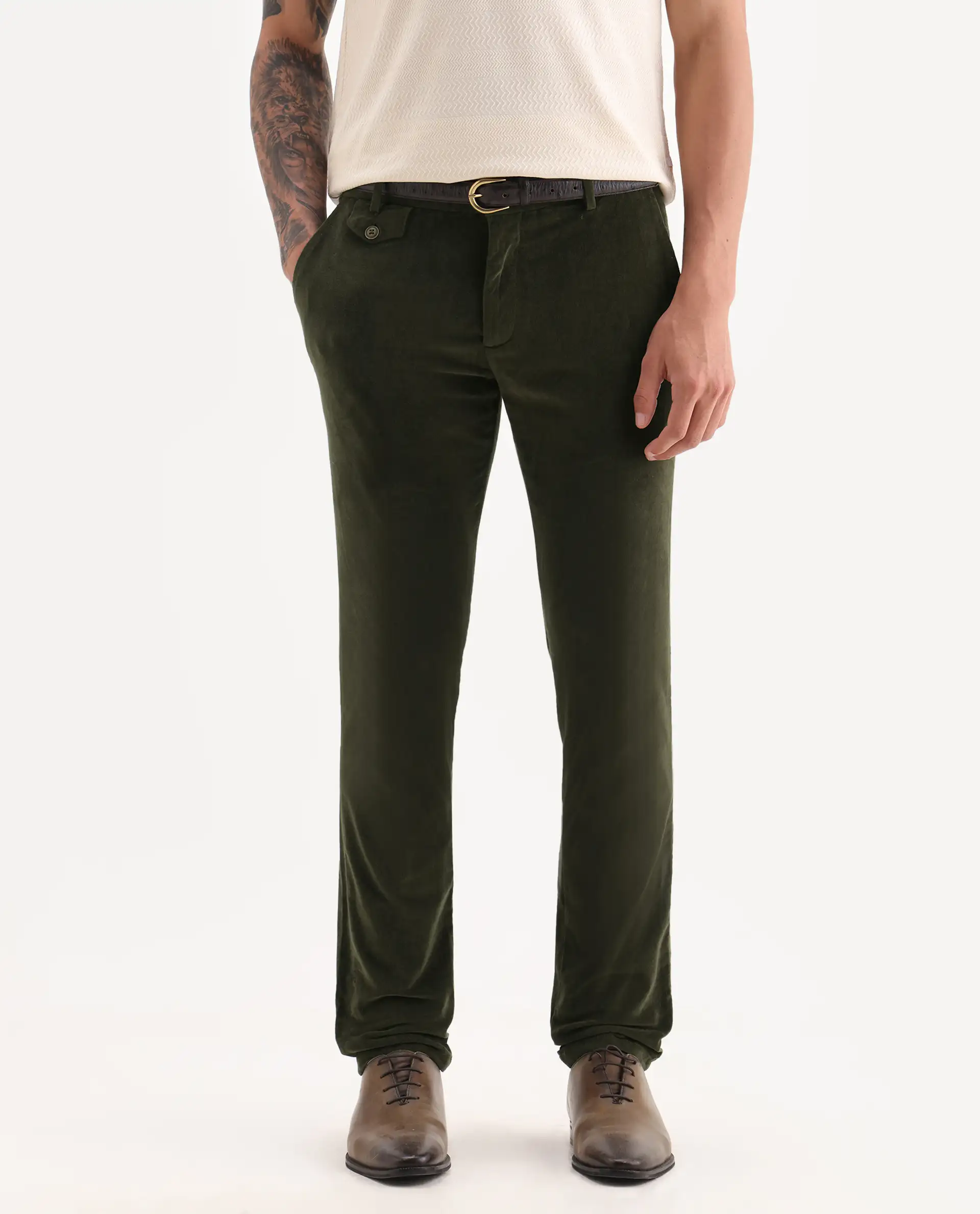 Rare Rabbit Men's Cloy Olive Cotton Plain Regular Fit Trouser - Image 2