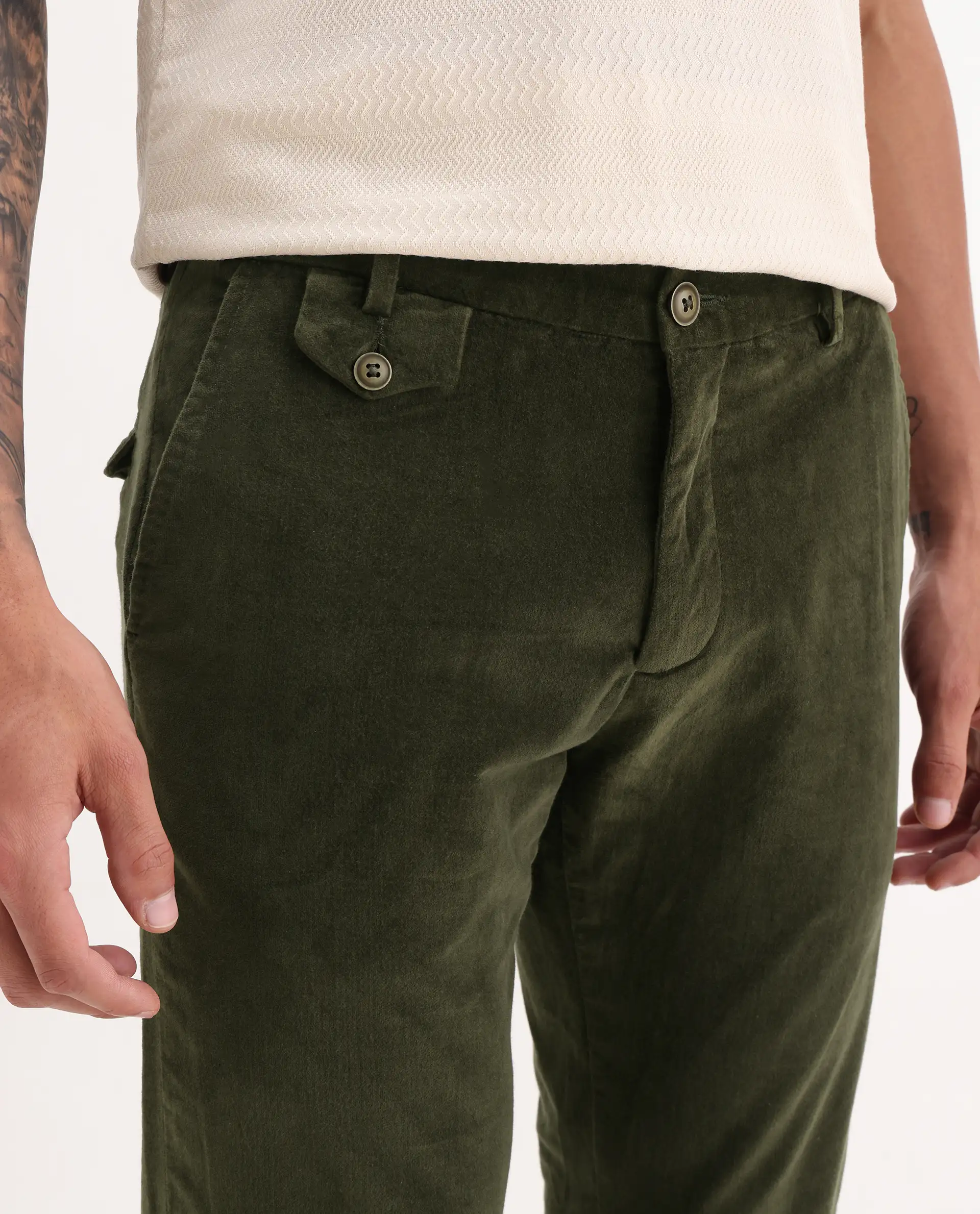Rare Rabbit Men's Cloy Olive Cotton Plain Regular Fit Trouser - Image 3
