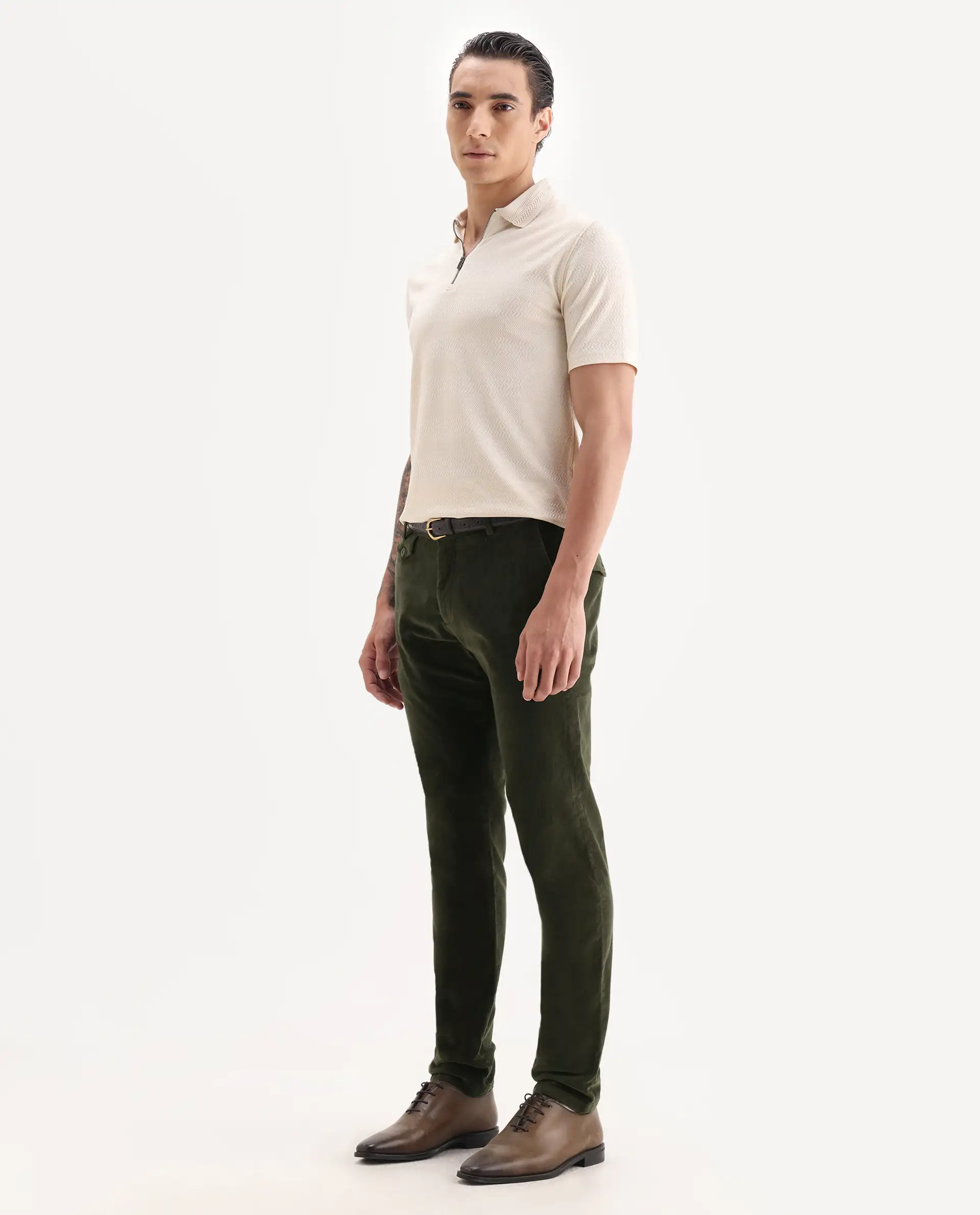 Rare Rabbit Men's Cloy Olive Cotton Plain Regular Fit Trouser - Image 4