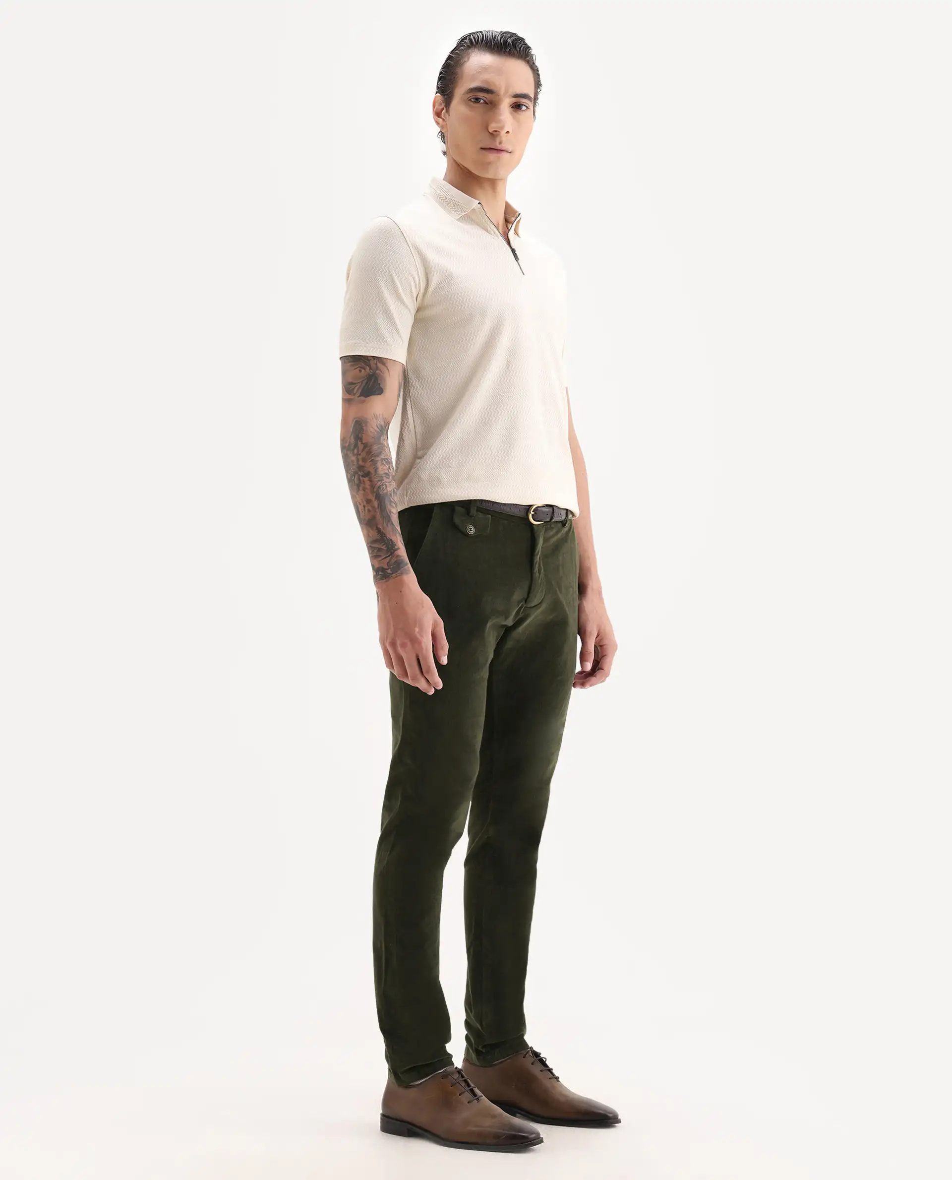 Rare Rabbit Men's Cloy Olive Cotton Plain Regular Fit Trouser - Image 5