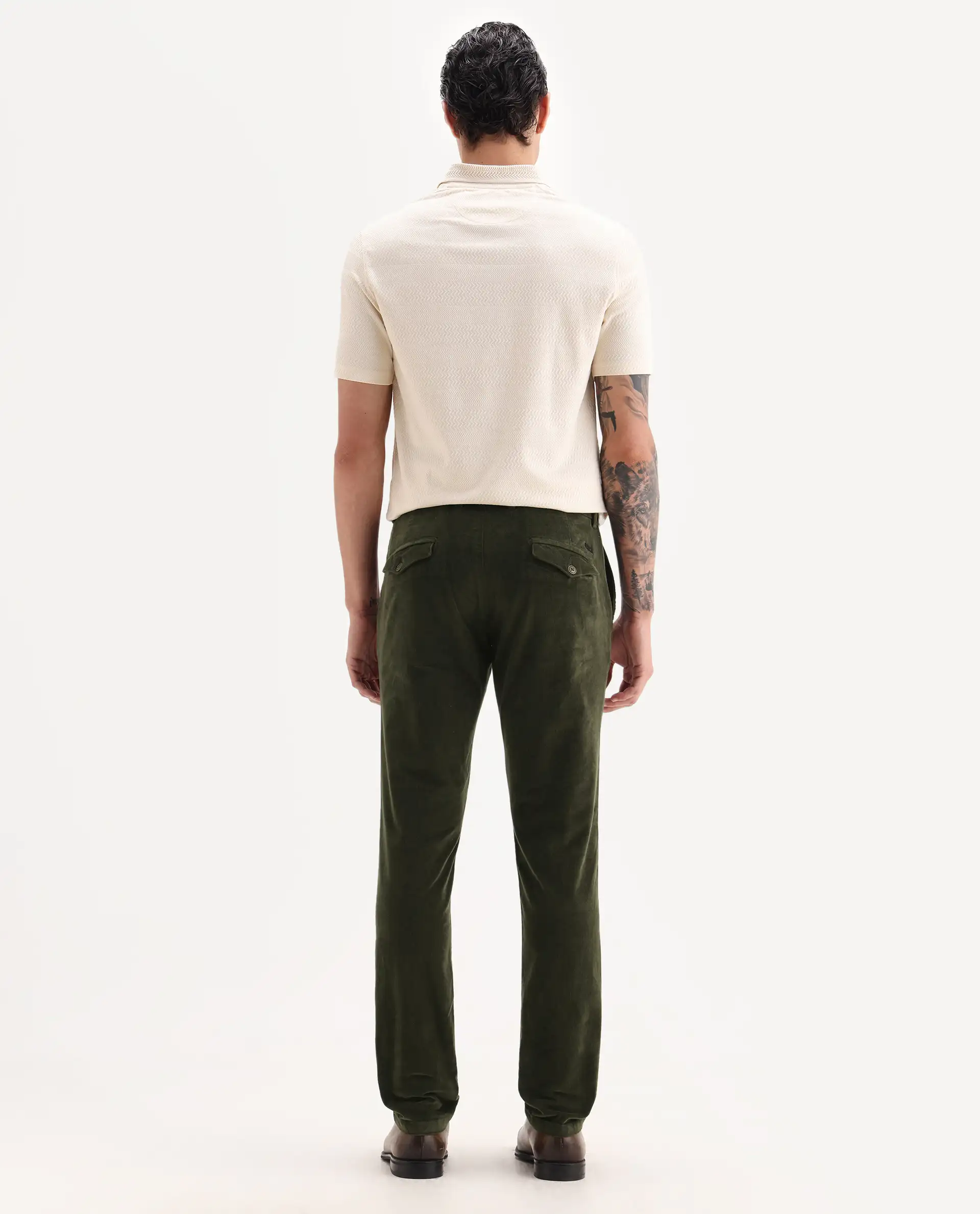 Rare Rabbit Men's Cloy Olive Cotton Plain Regular Fit Trouser - Image 7