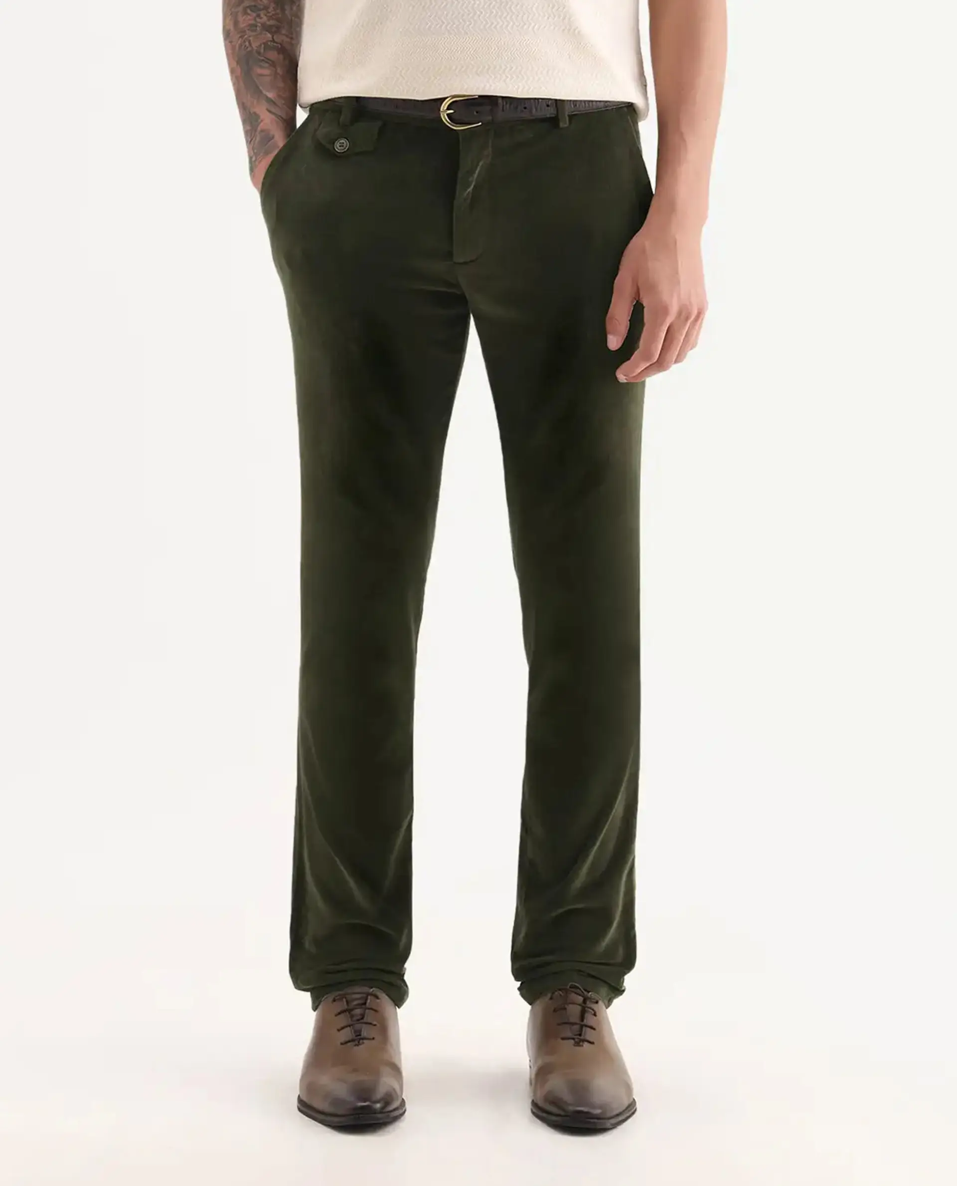 Rare Rabbit Men's Cloy Olive Cotton Plain Regular Fit Trouser - Image 8