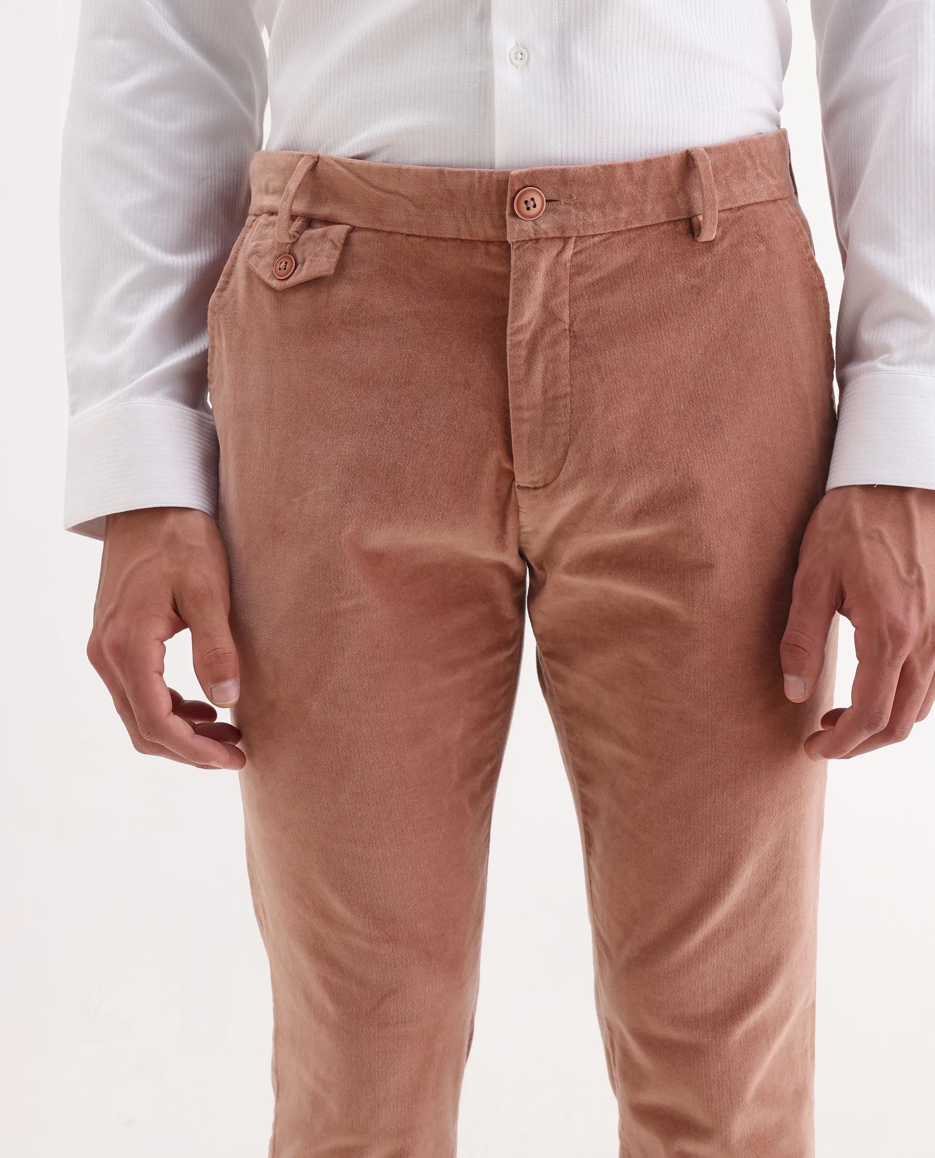 Rare Rabbit Men's Cloy Pink Velvet Plain Regular Fit Trouser - Image 3