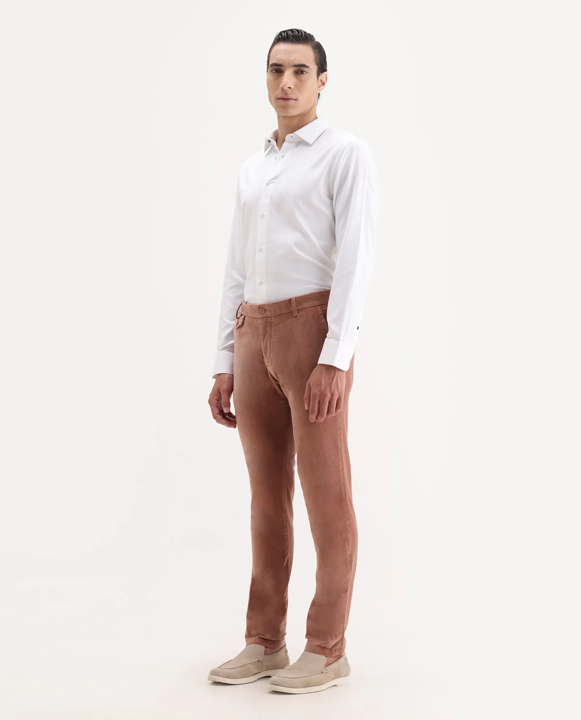 Rare Rabbit Men's Cloy Pink Velvet Plain Regular Fit Trouser - Image 6