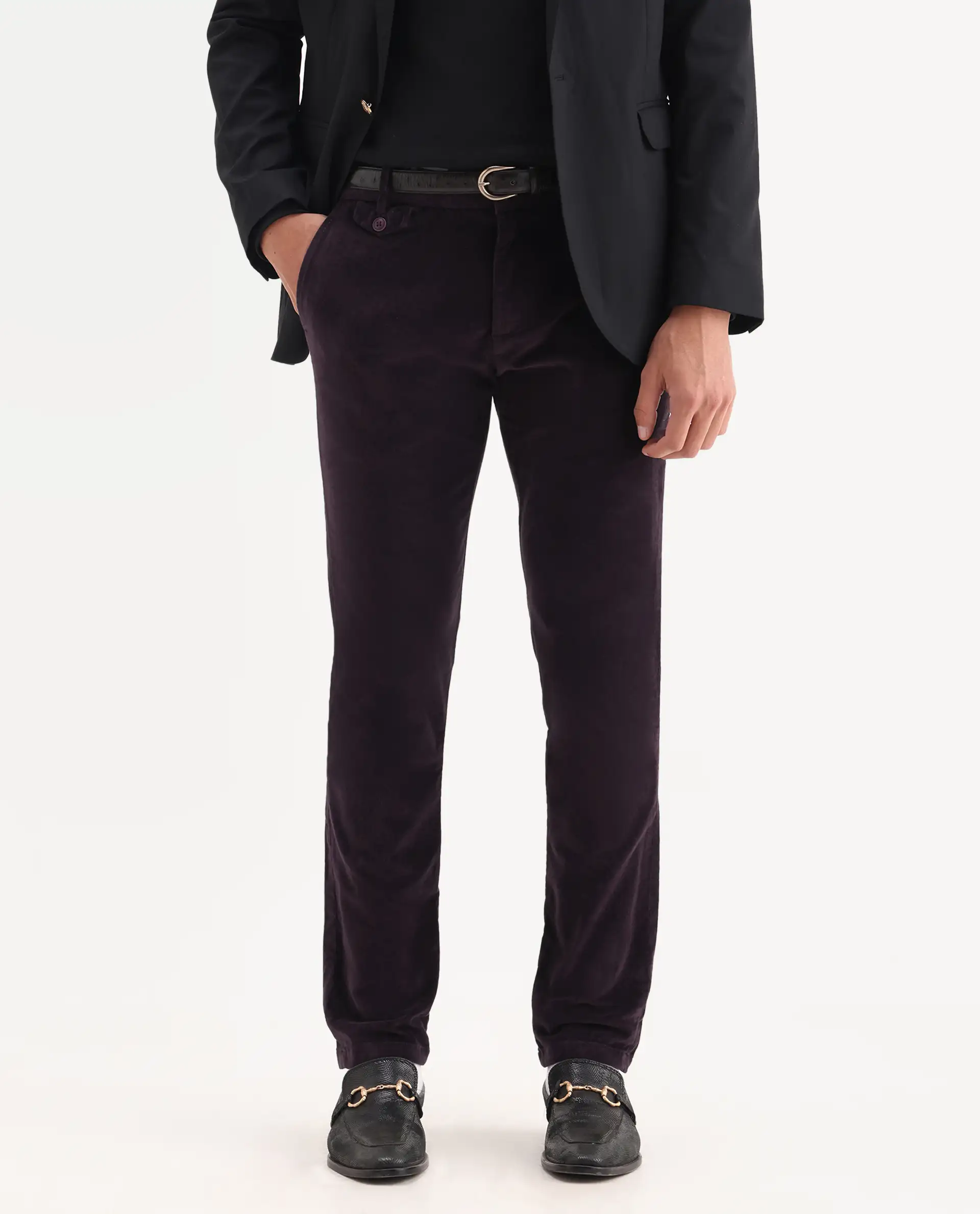 Rare Rabbit Men's Cloy Purple Cotton Plain Regular Fit Trouser - Image 2