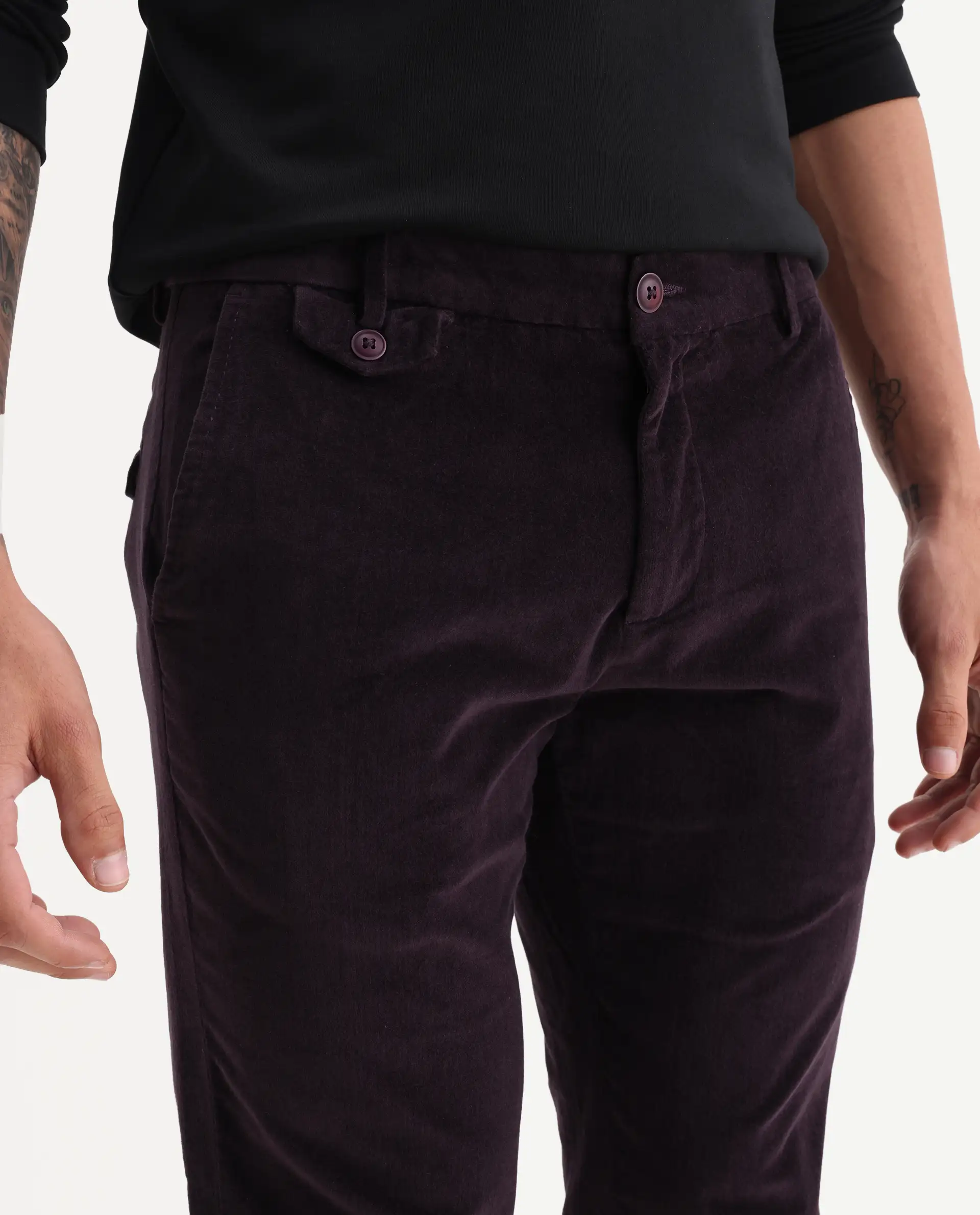 Rare Rabbit Men's Cloy Purple Cotton Plain Regular Fit Trouser - Image 3