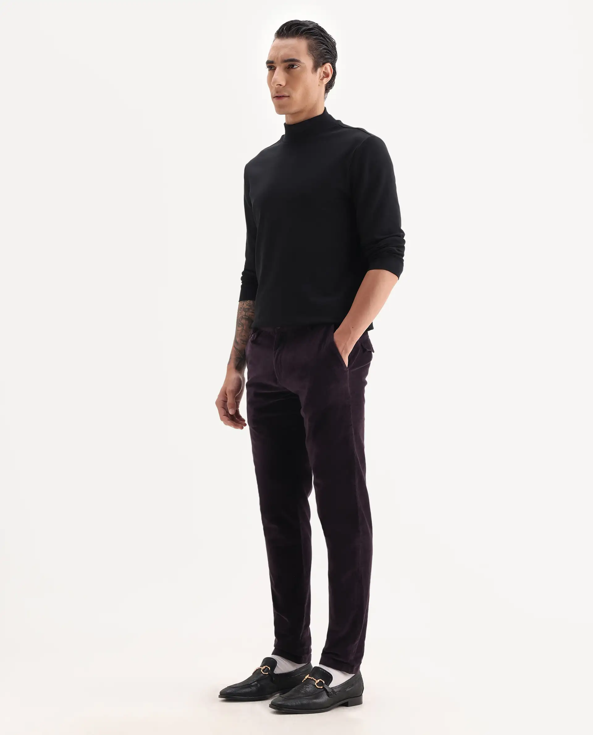 Rare Rabbit Men's Cloy Purple Cotton Plain Regular Fit Trouser - Image 4