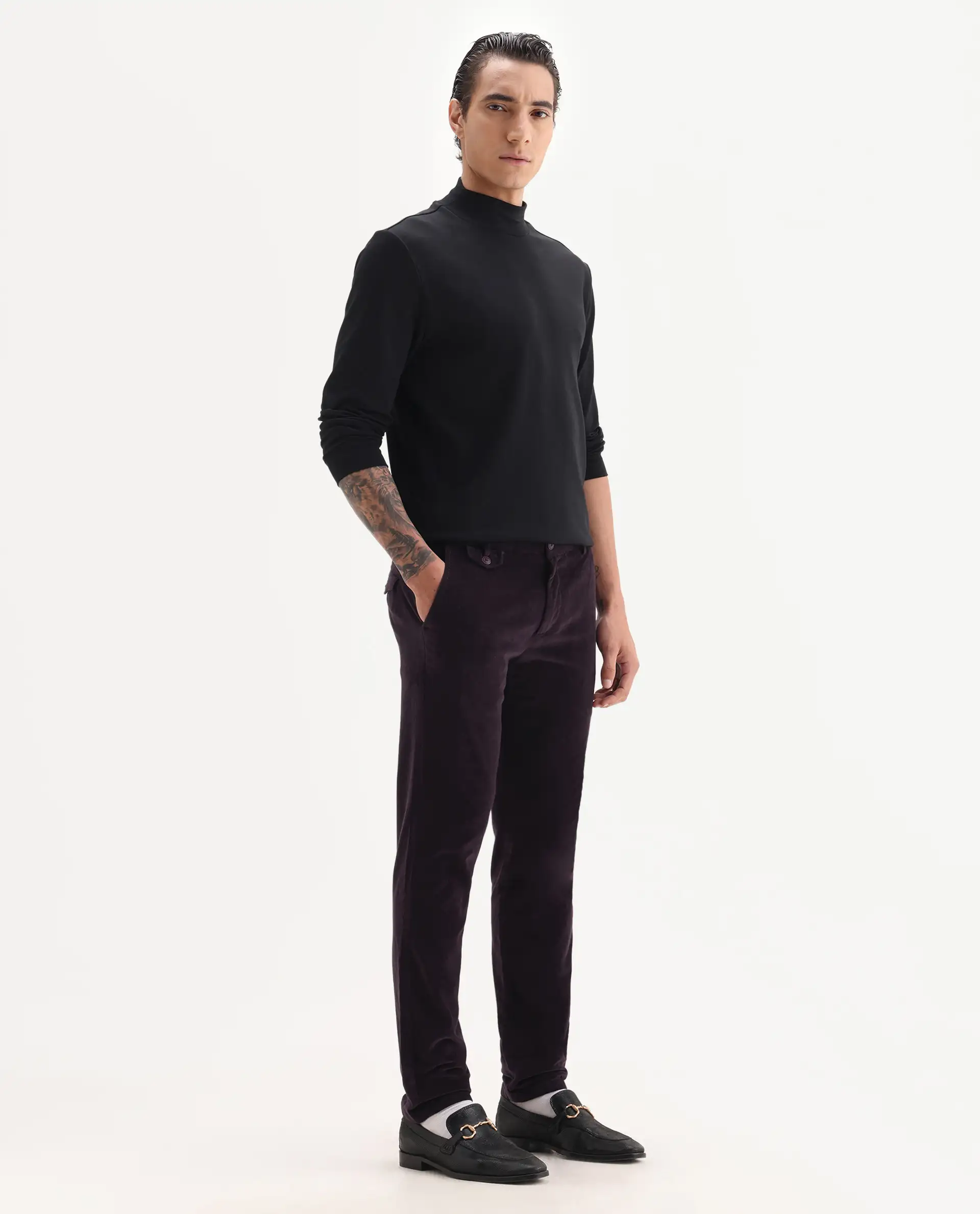 Rare Rabbit Men's Cloy Purple Cotton Plain Regular Fit Trouser - Image 6