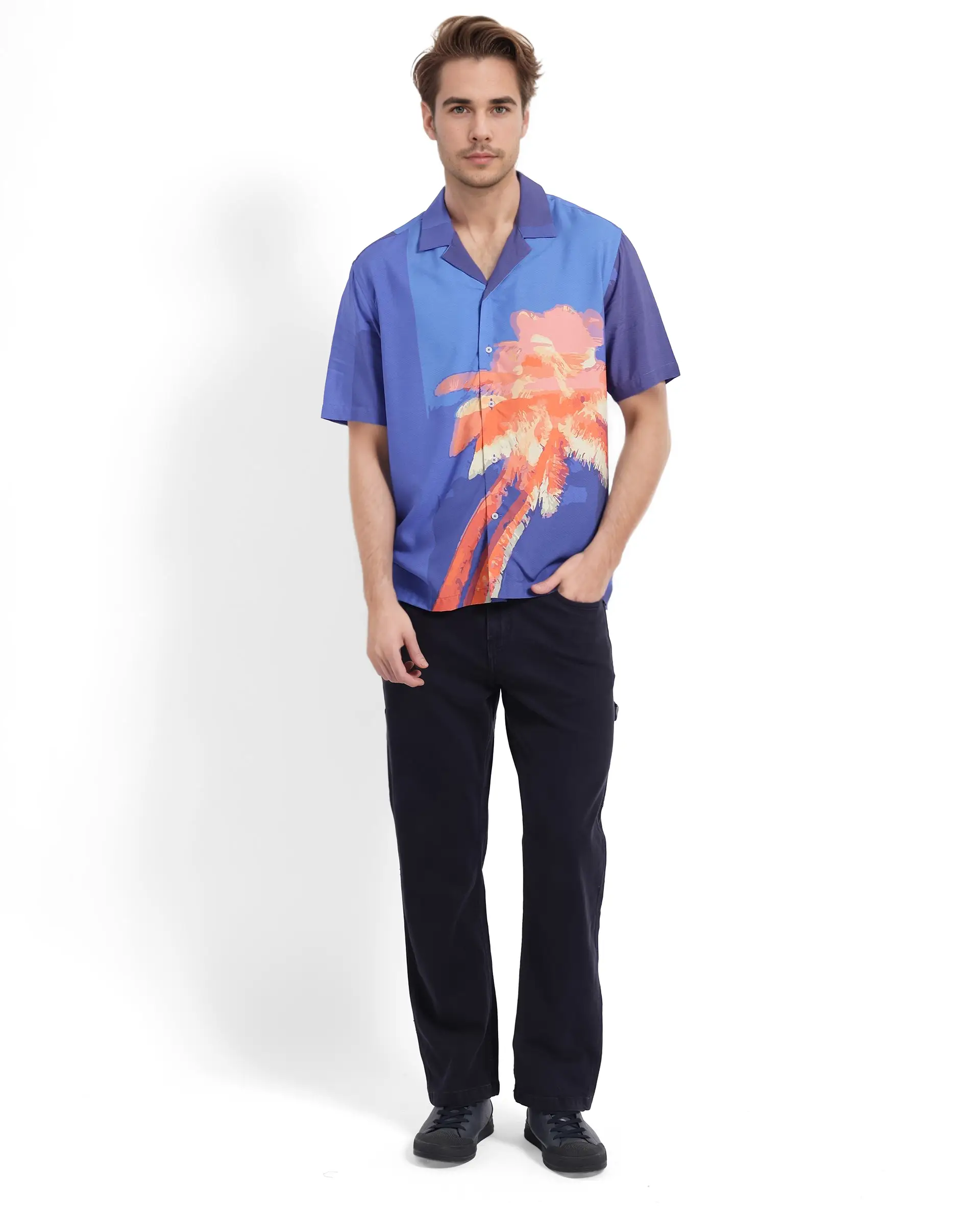 Rare Rabbit Men's Coca Dark Navy Cotton Tropical Print Boxy Fit Half Sleeve Cuban Collar Shirt - Image 2