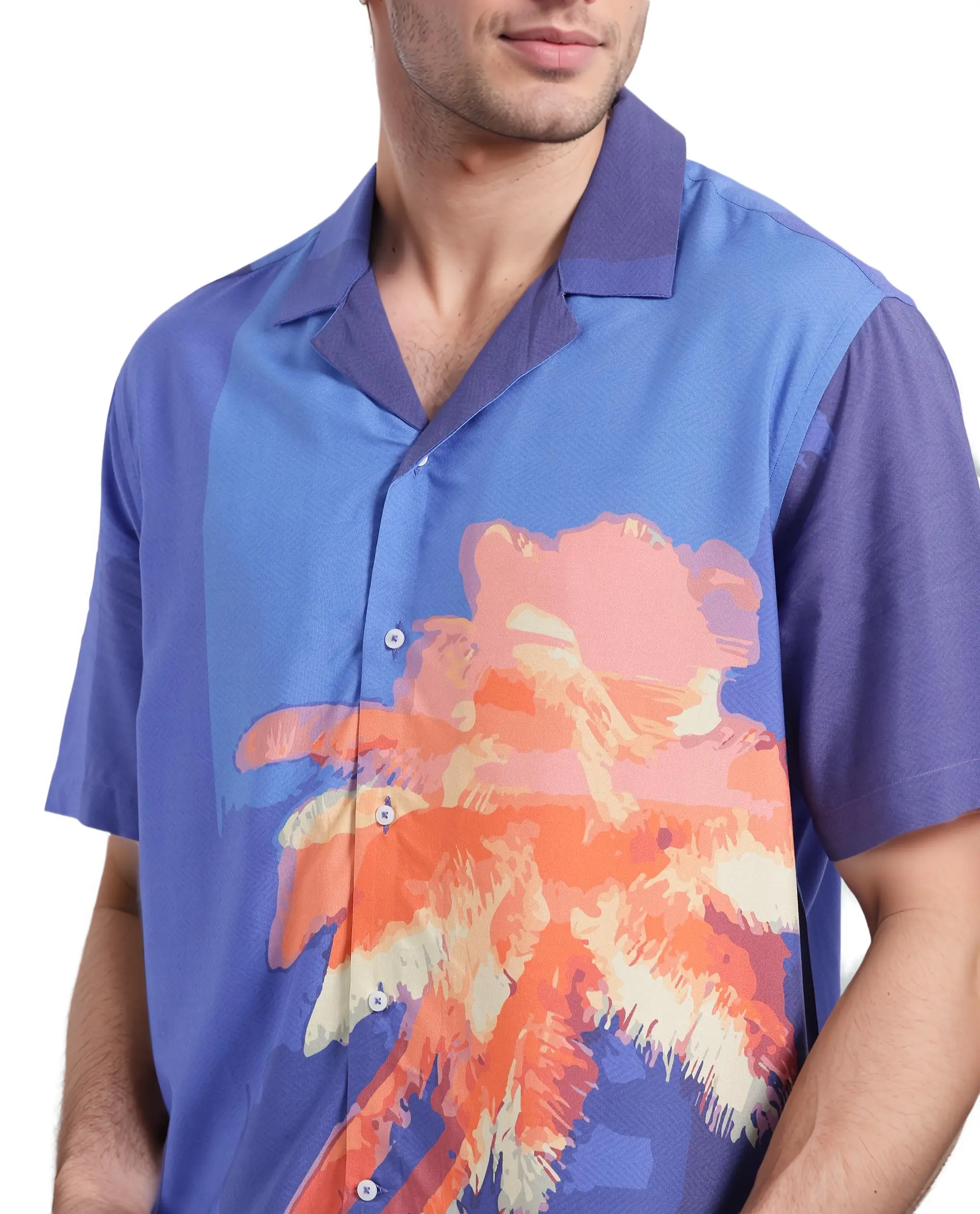 Rare Rabbit Men's Coca Dark Navy Cotton Tropical Print Boxy Fit Half Sleeve Cuban Collar Shirt - Image 3