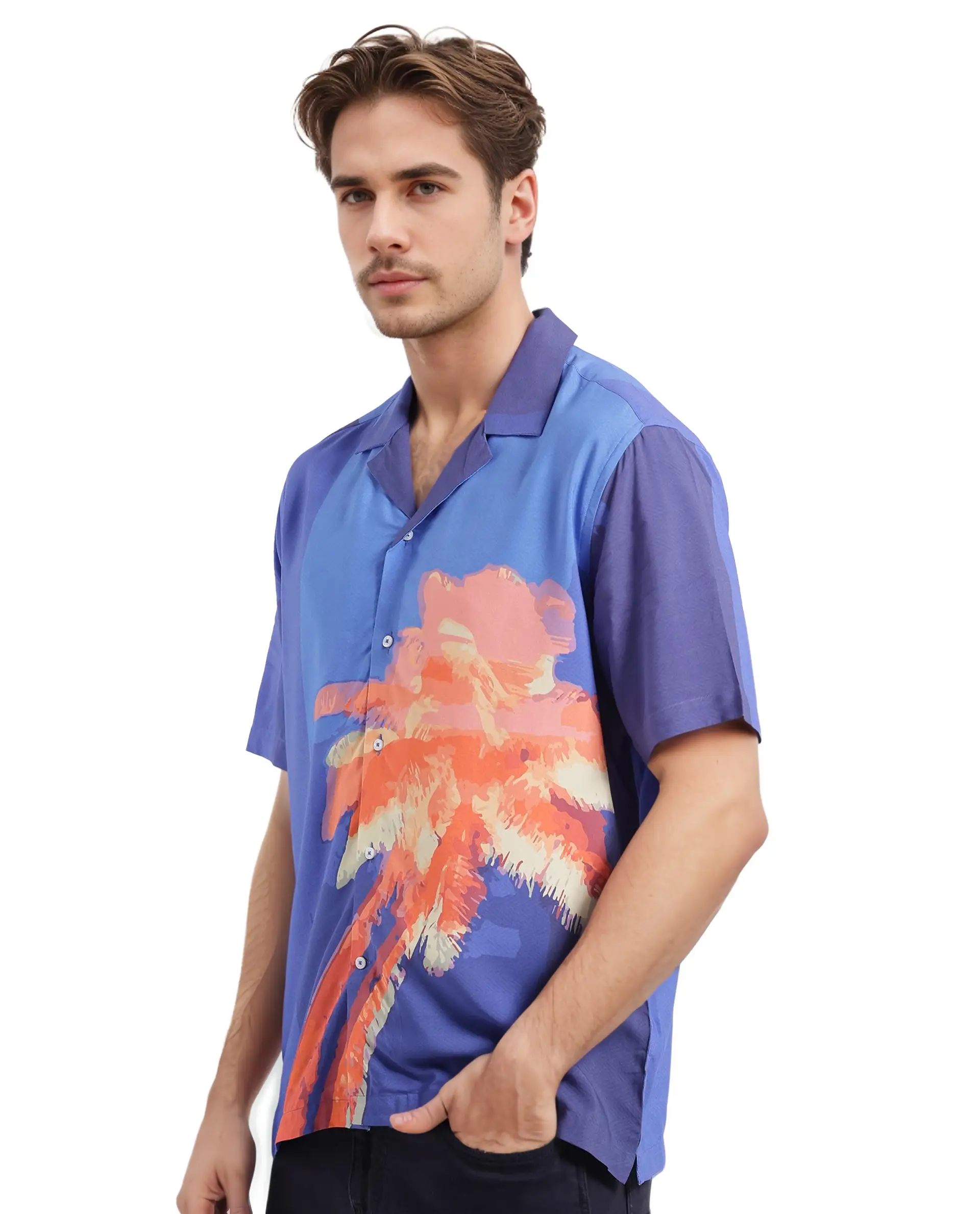 Rare Rabbit Men's Coca Dark Navy Cotton Tropical Print Boxy Fit Half Sleeve Cuban Collar Shirt - Image 5