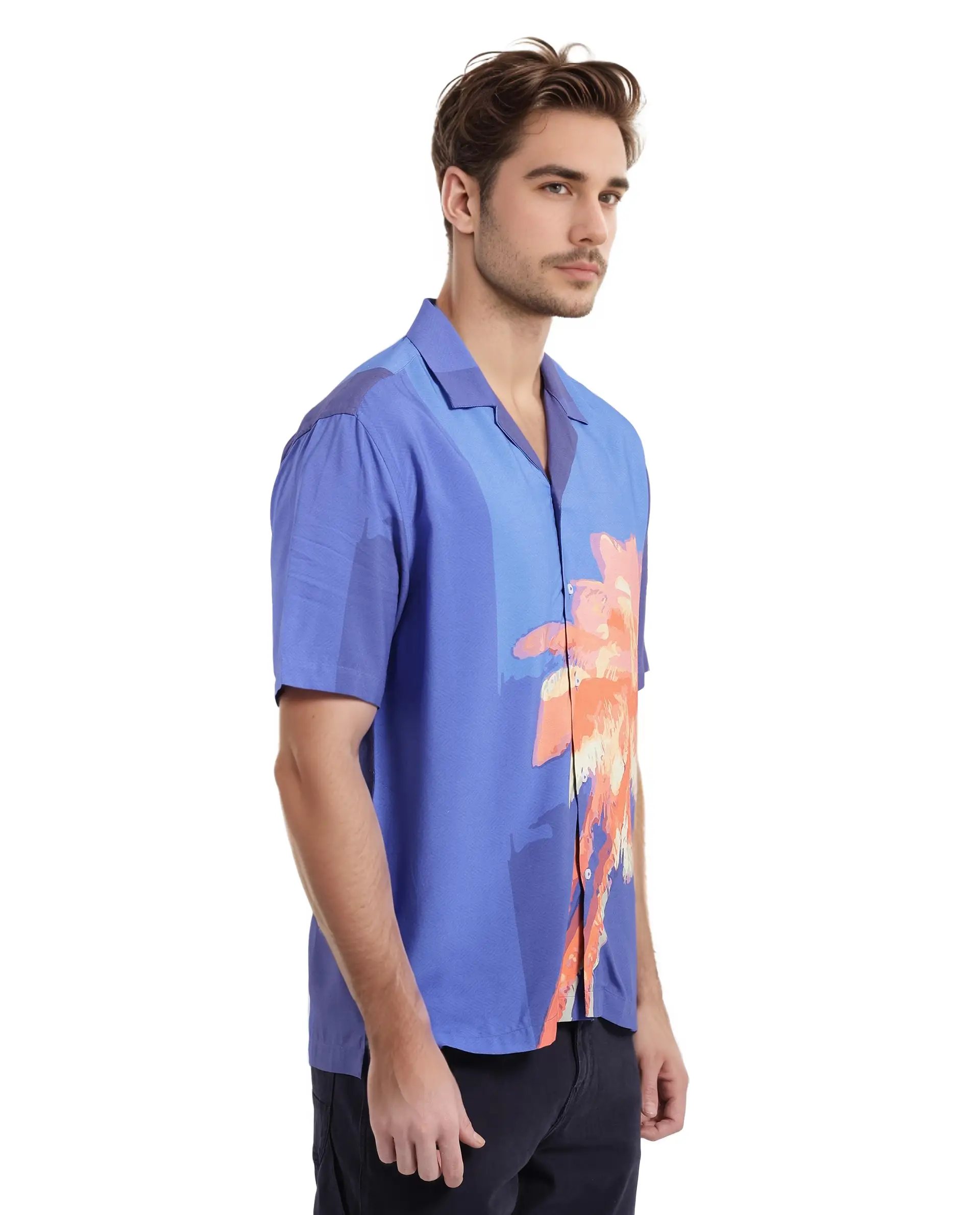 Rare Rabbit Men's Coca Dark Navy Cotton Tropical Print Boxy Fit Half Sleeve Cuban Collar Shirt - Image 6