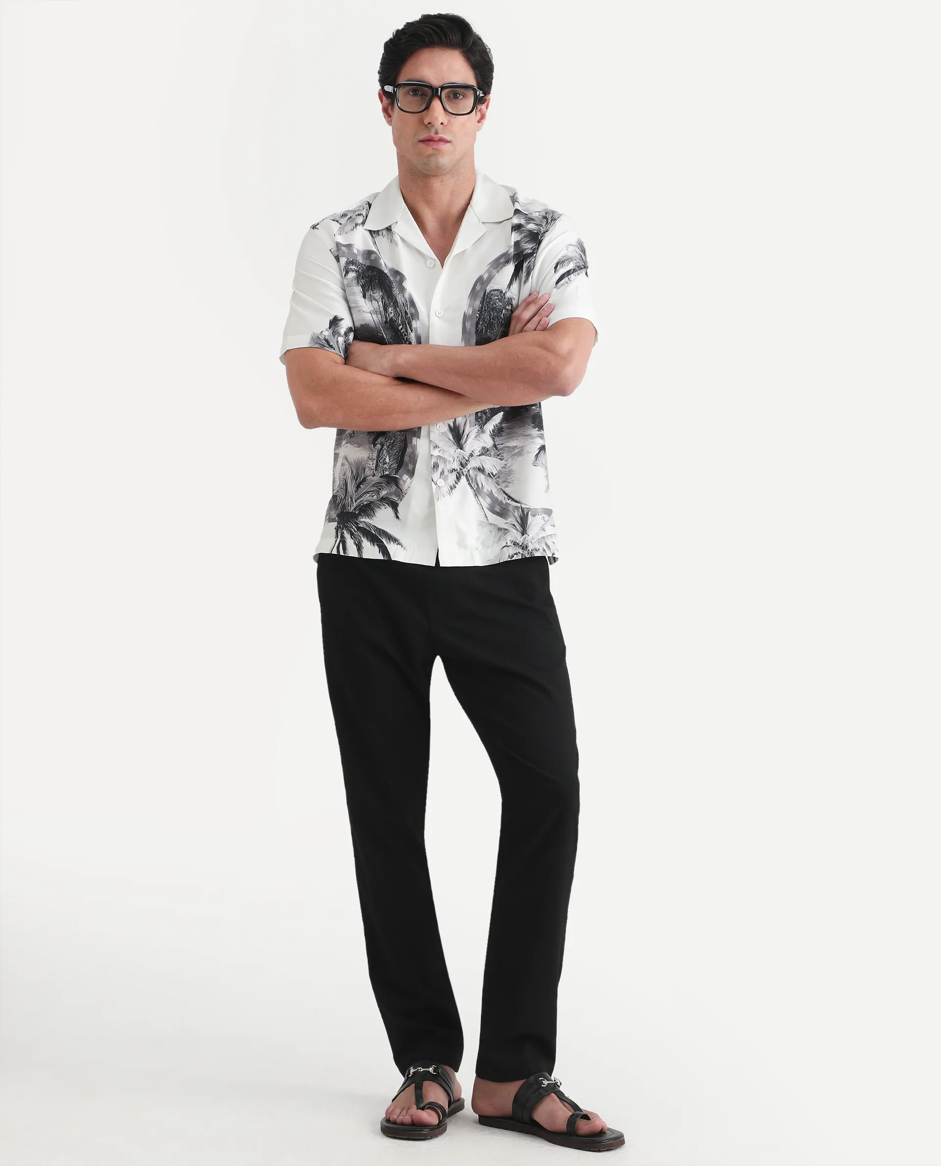Rare Rabbit Men's Coco White Cotton Blend Fabric Half Sleeve Cuban Collar Regular Fit Tropical Print Shirt - Image 2
