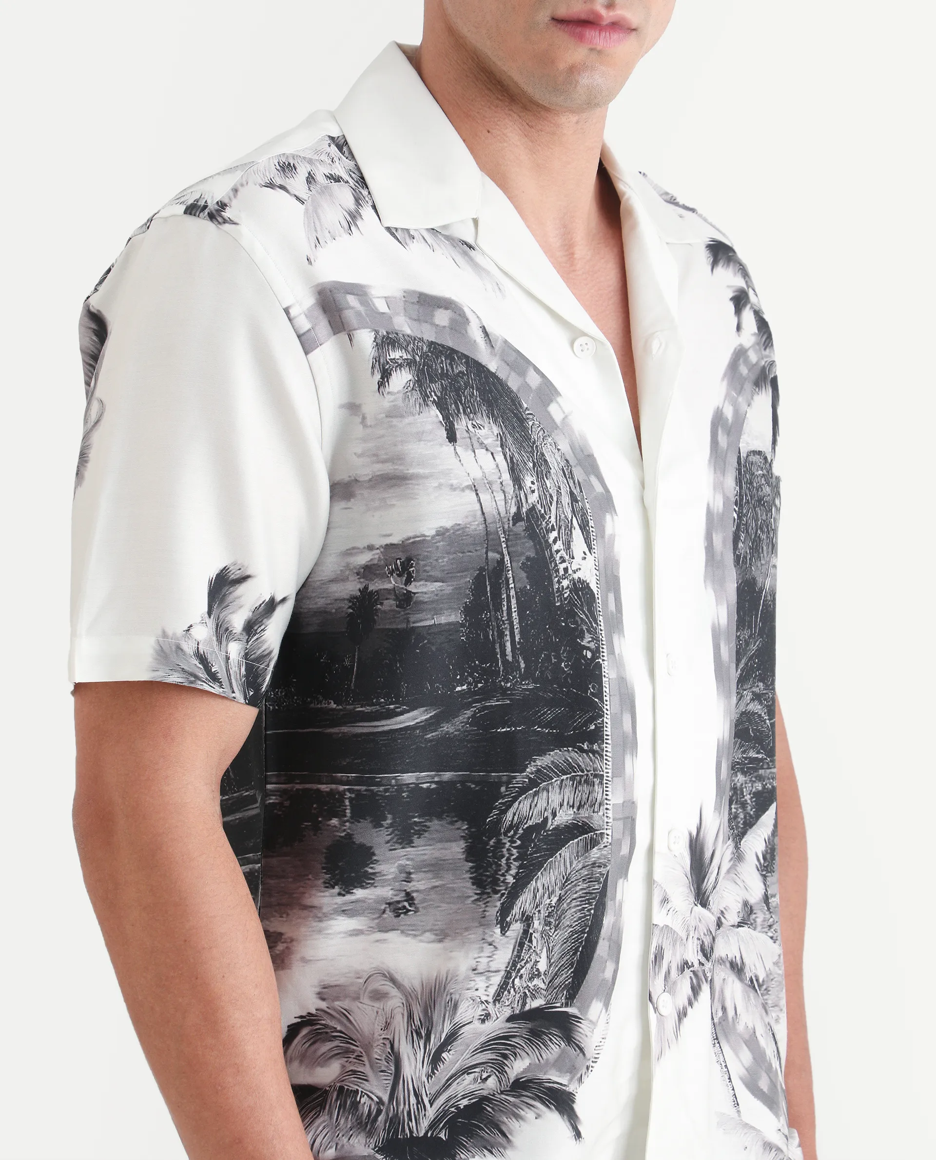Rare Rabbit Men's Coco White Cotton Blend Fabric Half Sleeve Cuban Collar Regular Fit Tropical Print Shirt - Image 3