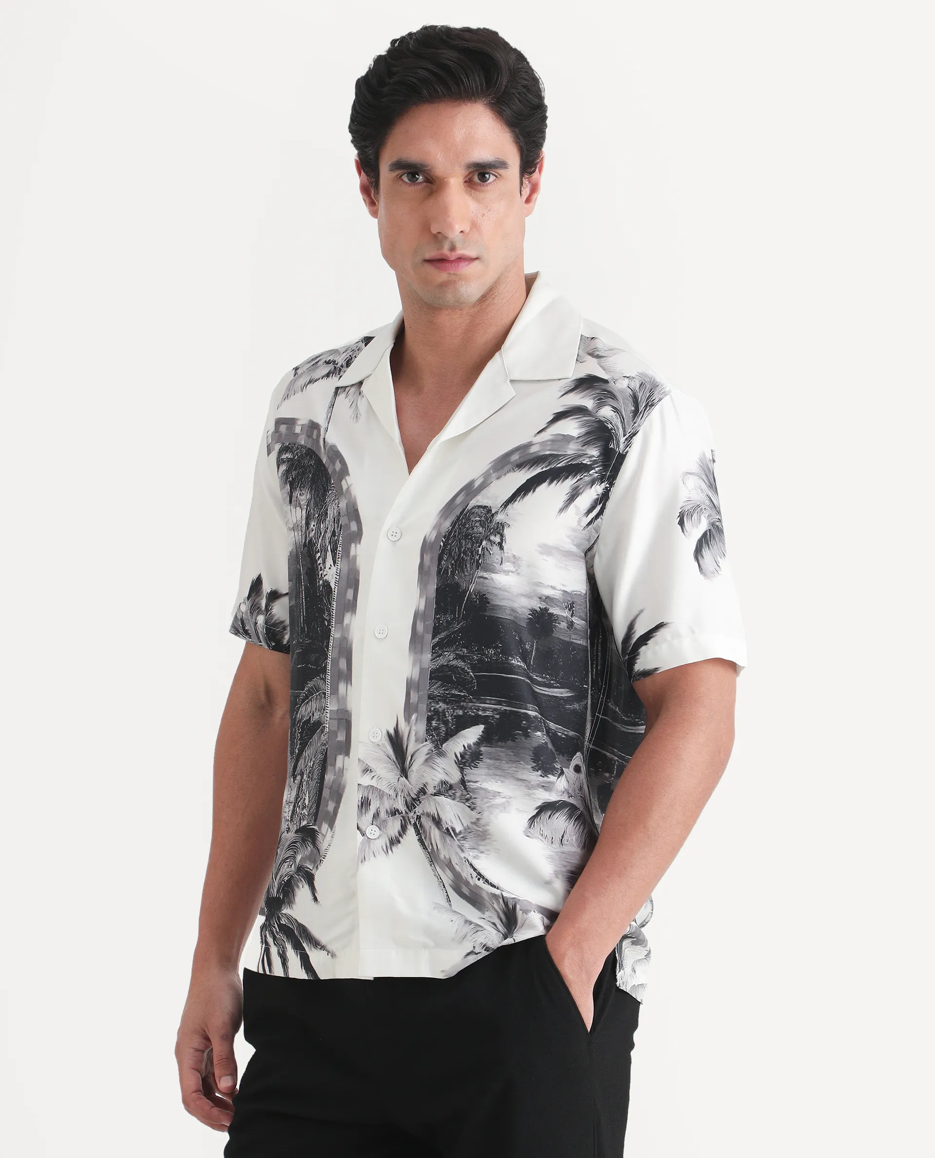 Rare Rabbit Men's Coco White Cotton Blend Fabric Half Sleeve Cuban Collar Regular Fit Tropical Print Shirt - Image 4