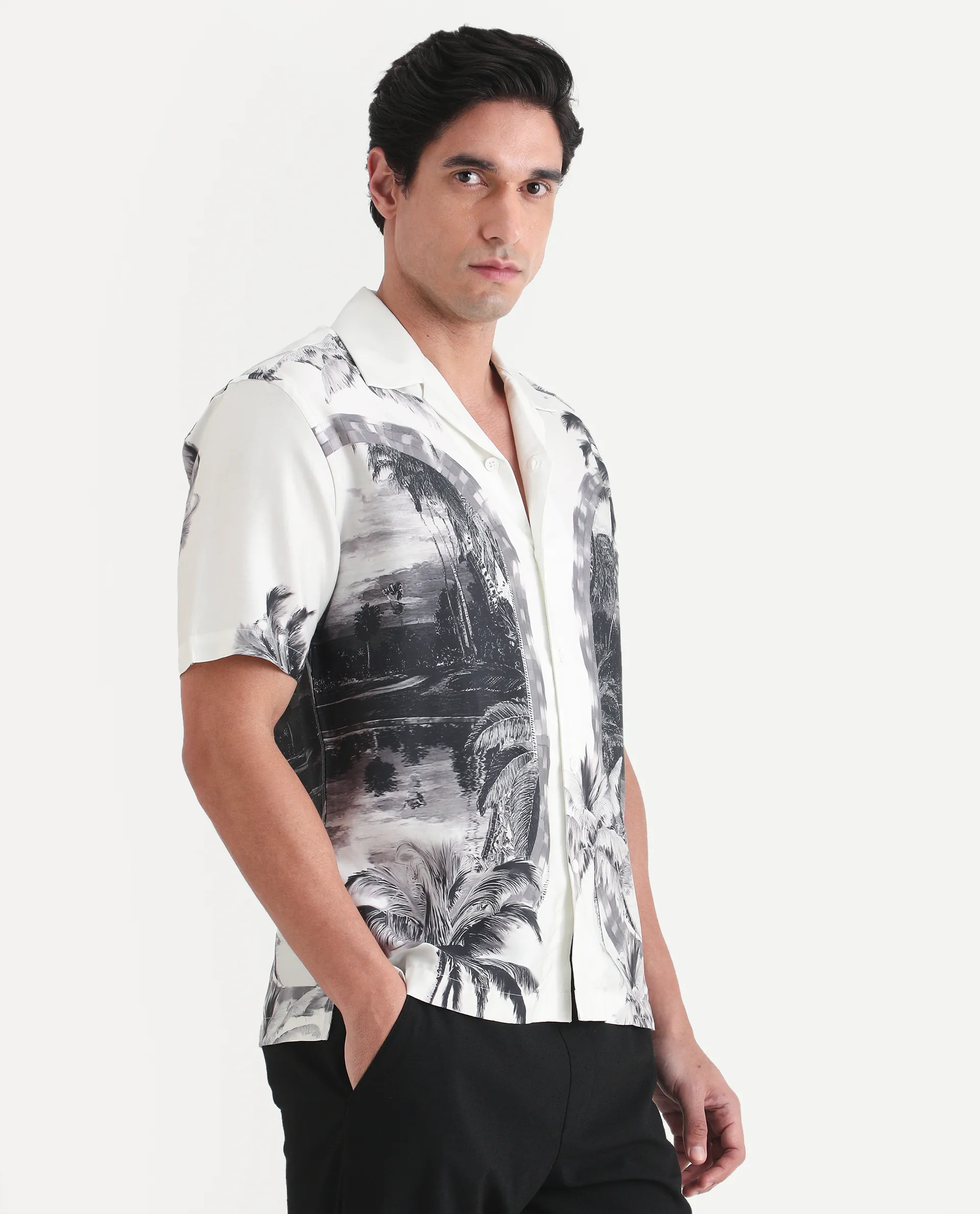 Rare Rabbit Men's Coco White Cotton Blend Fabric Half Sleeve Cuban Collar Regular Fit Tropical Print Shirt - Image 5