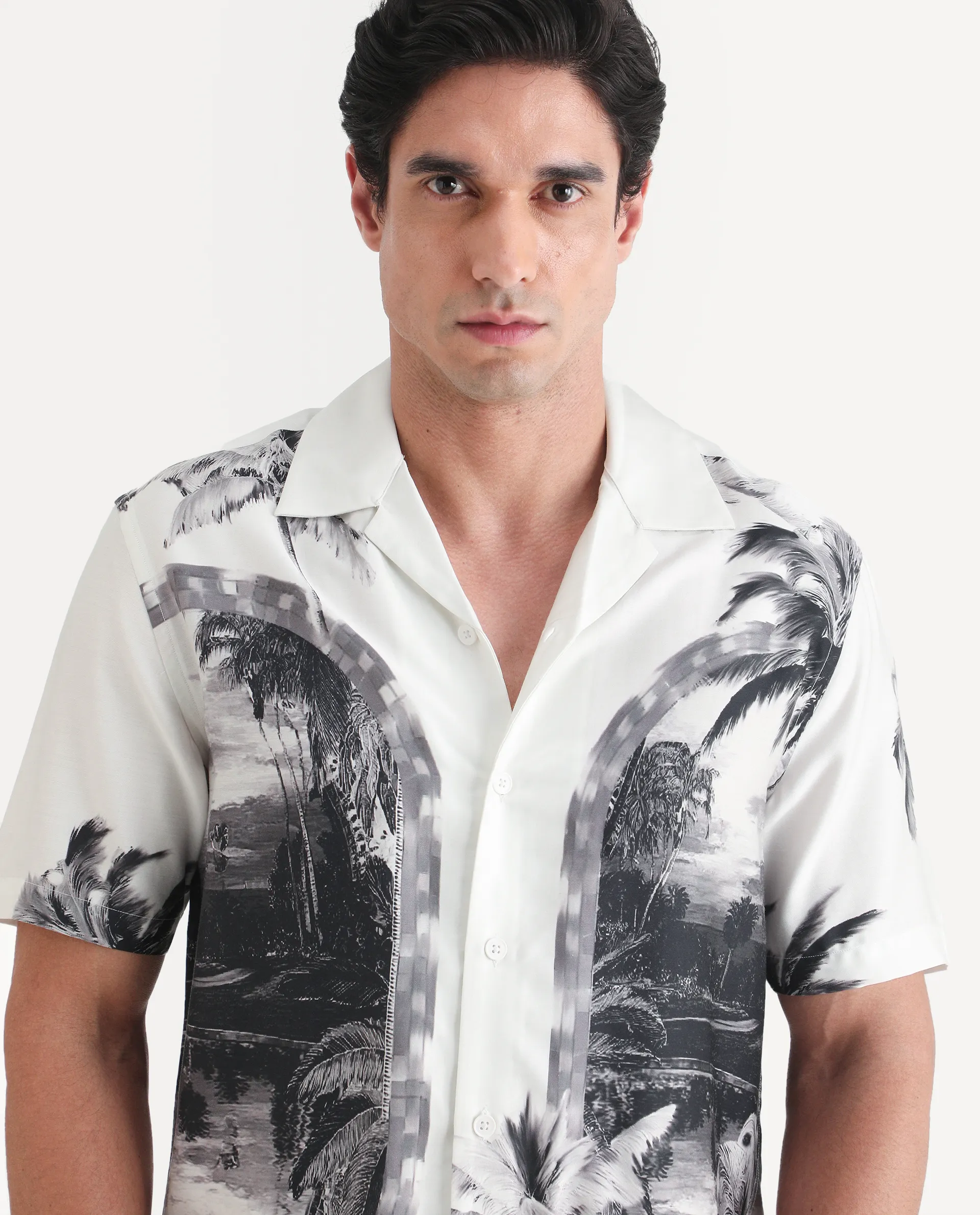 Rare Rabbit Men's Coco White Cotton Blend Fabric Half Sleeve Cuban Collar Regular Fit Tropical Print Shirt - Image 6