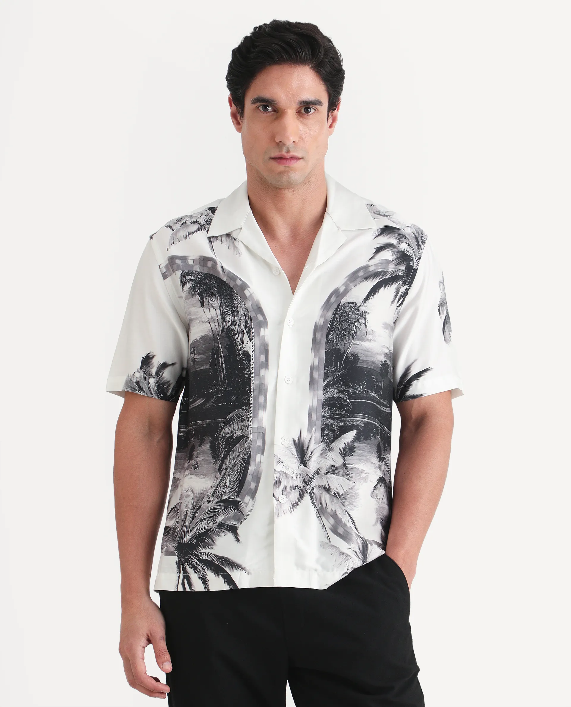 Rare Rabbit Men's Coco White Cotton Blend Fabric Half Sleeve Cuban Collar Regular Fit Tropical Print Shirt - Image 7