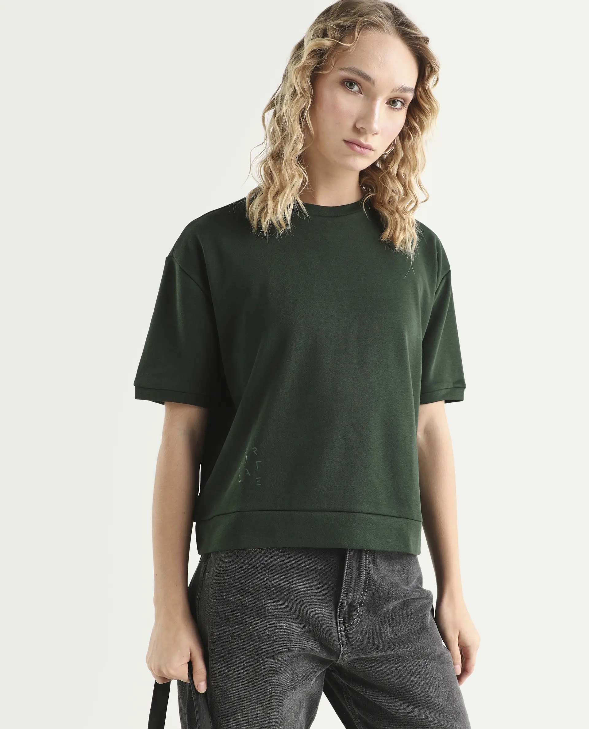 Rareism Women's Medium Weight Terry 290 Gsm Cotton Crew Neck Plain Relaxed Fit Sweat Tee