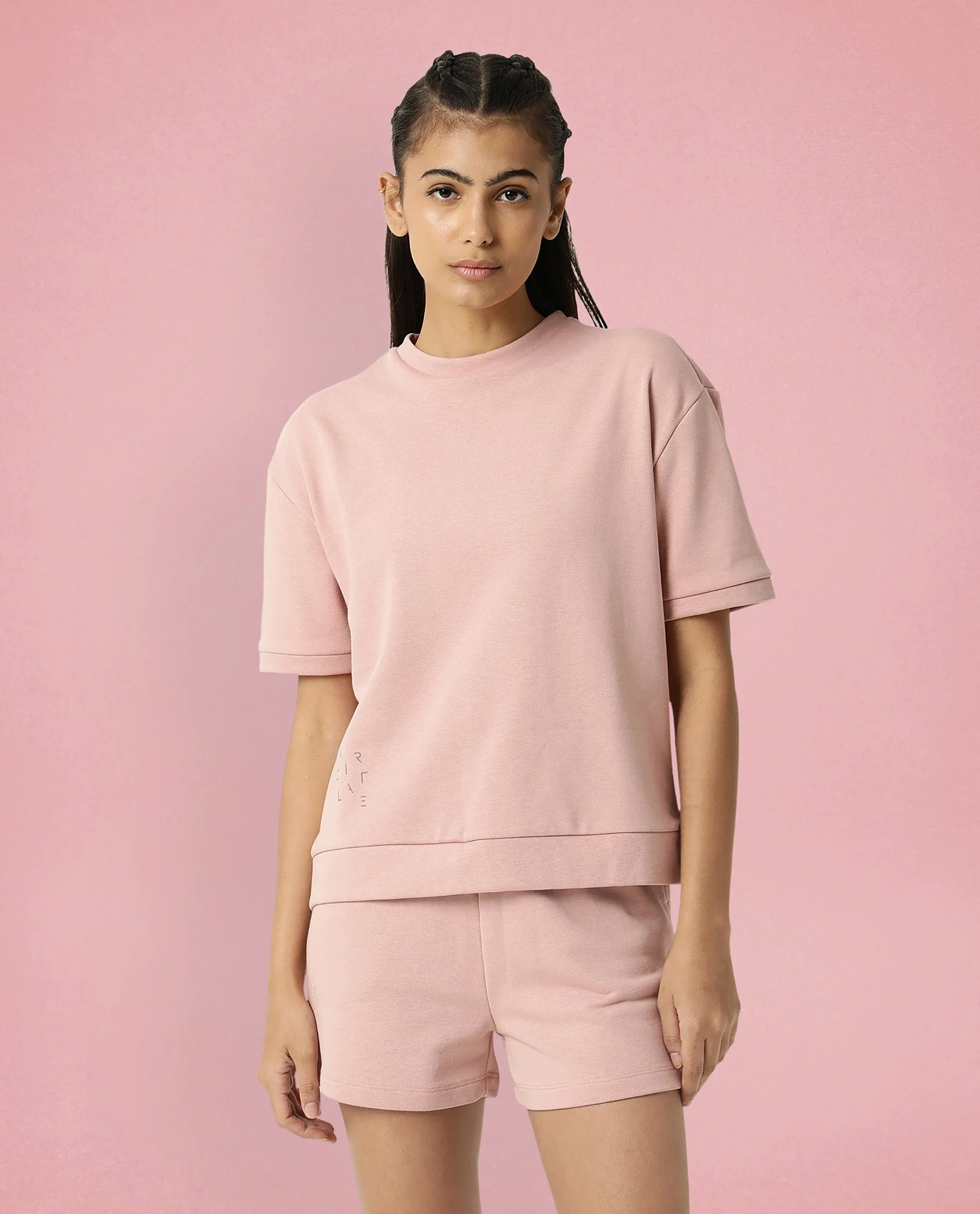 Rareism Women's Medium Weight Terry 290 Gsm Cotton Crew Neck Plain Relaxed Fit Sweat Tee
