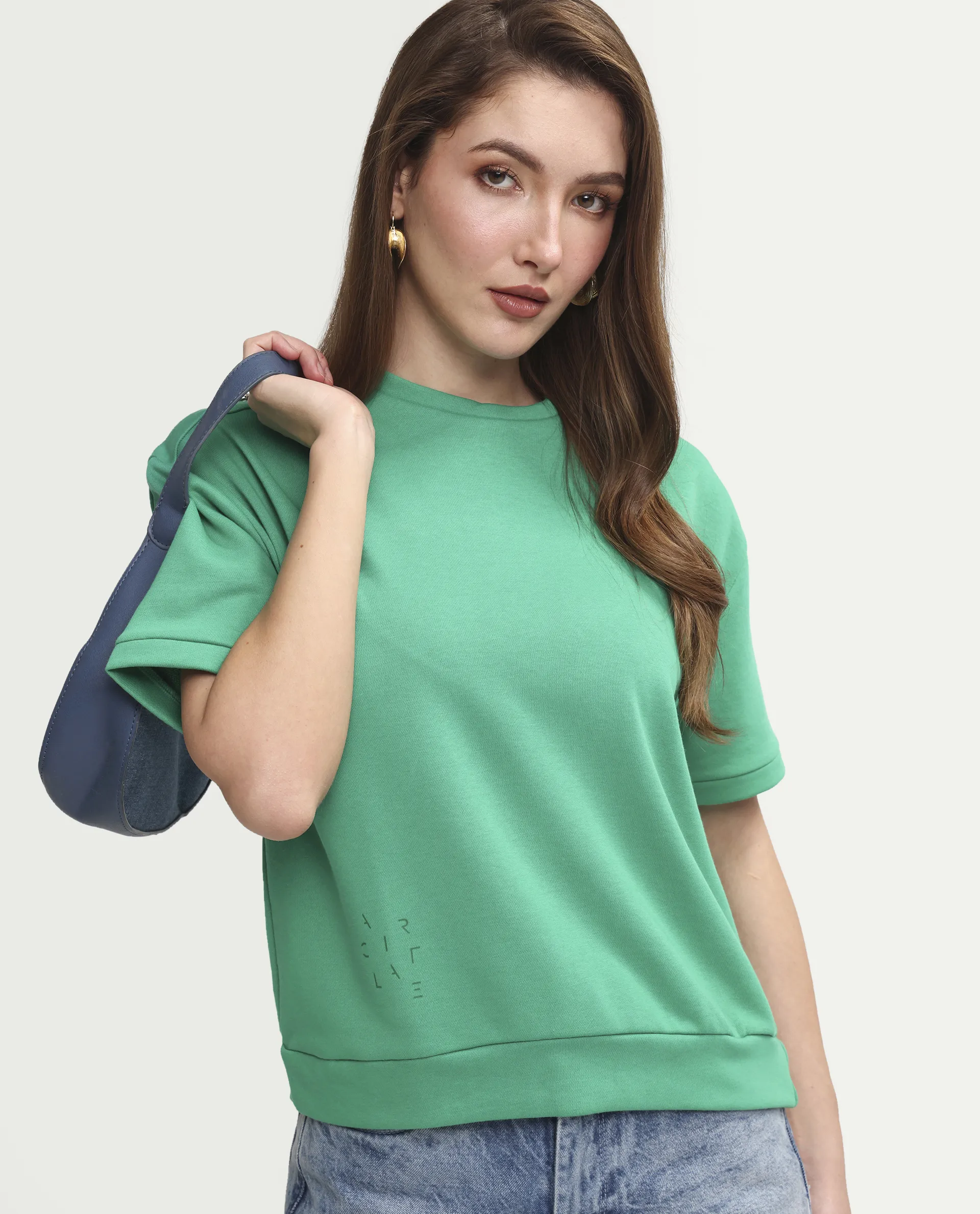 Rareism Women's Medium Weight Terry 290 Gsm Cotton Crew Neck Plain Relaxed Fit Sweat Tee