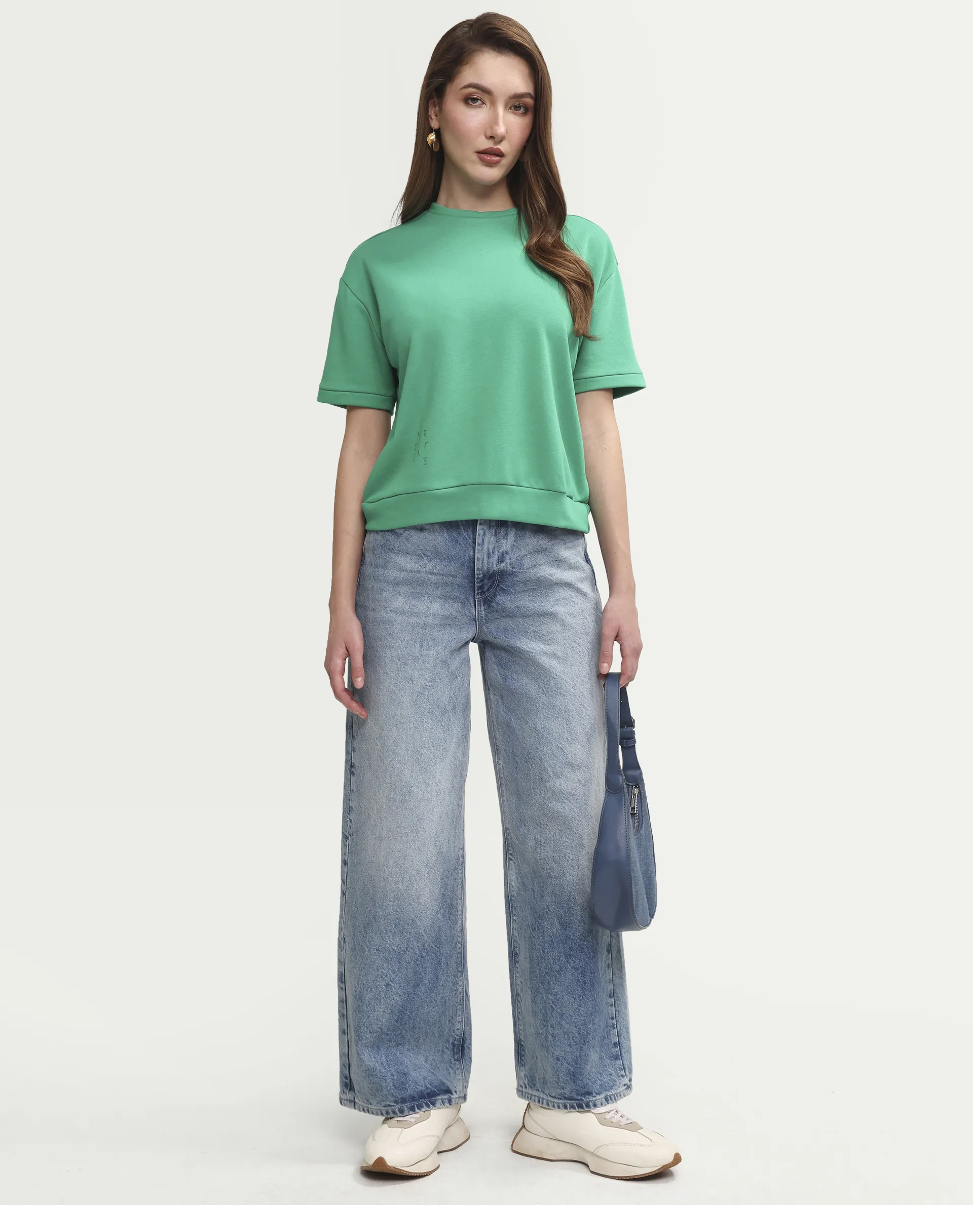 Rareism Women's Medium Weight Terry 290 Gsm Cotton Crew Neck Plain Relaxed Fit Sweat Tee - Image 2