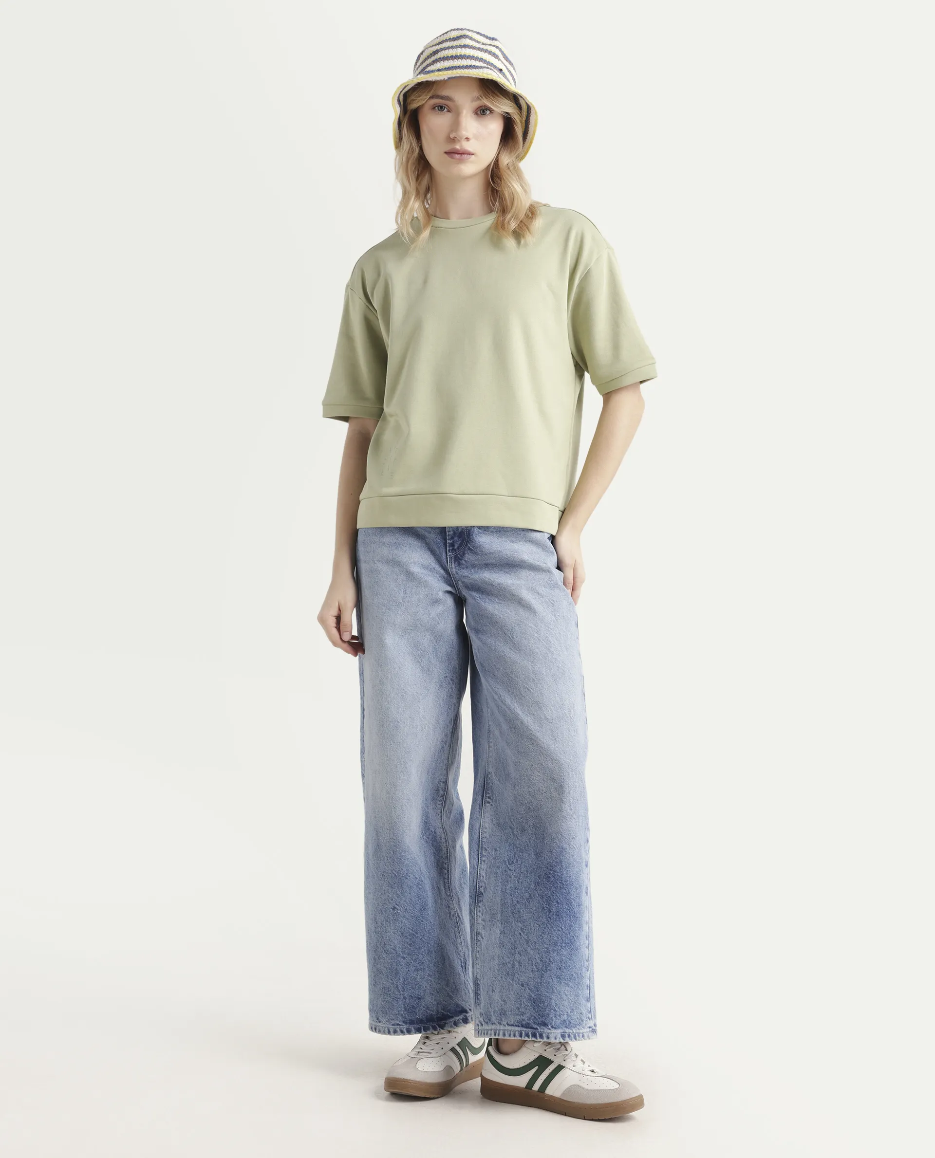 Rareism Women's Medium Weight Terry 290 Gsm Cotton Crew Neck Plain Relaxed Fit Sweat Tee - Image 2