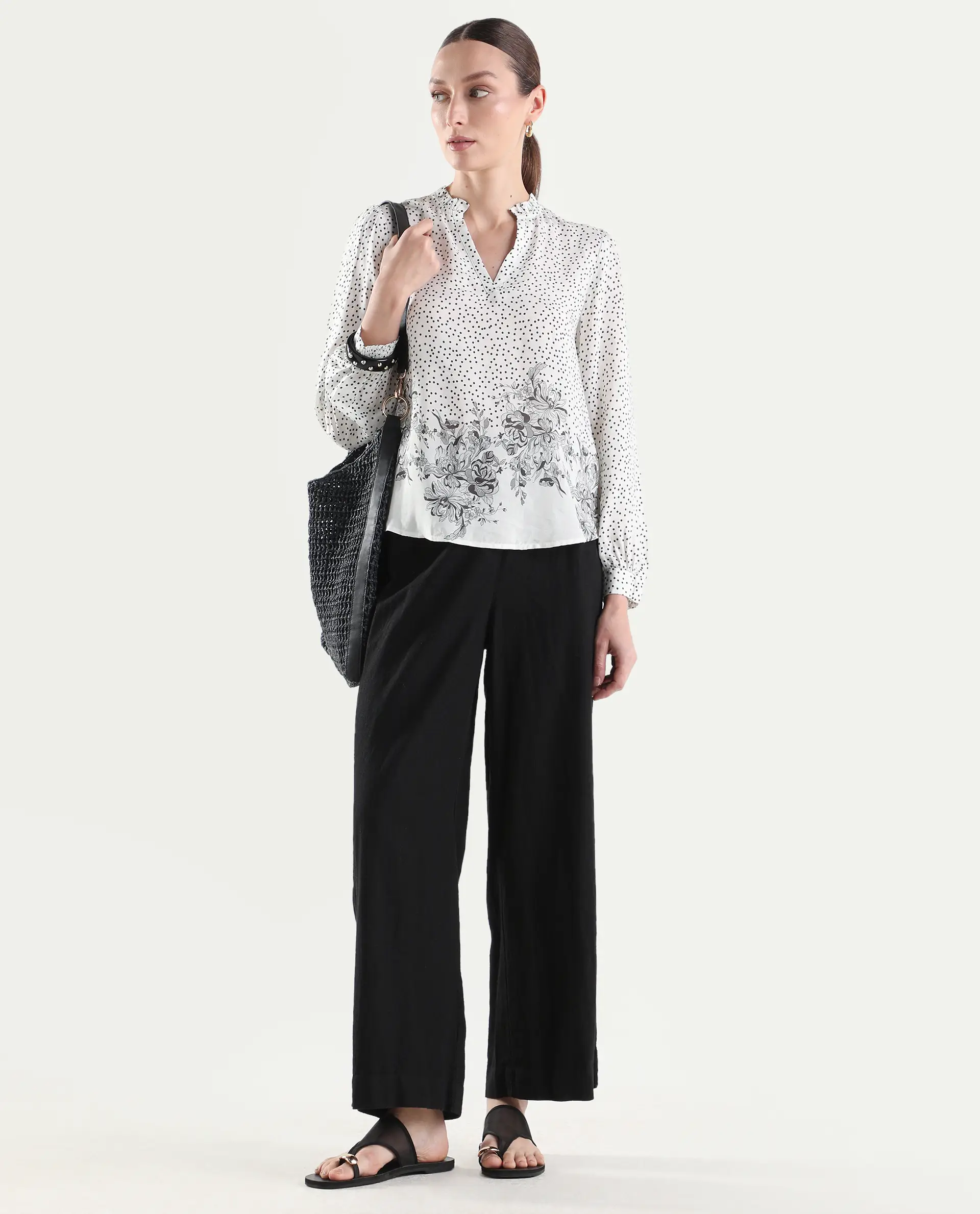 Rareism Women's Coco Off White Viscose Blend Full Sleeve Relaxed Fit Floral Print Top - Image 2