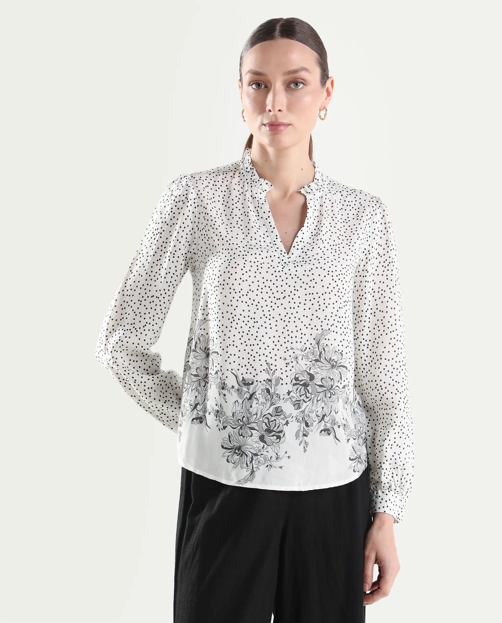 Rareism Women's Coco Off White Viscose Blend Full Sleeve Relaxed Fit Floral Print Top - Image 3