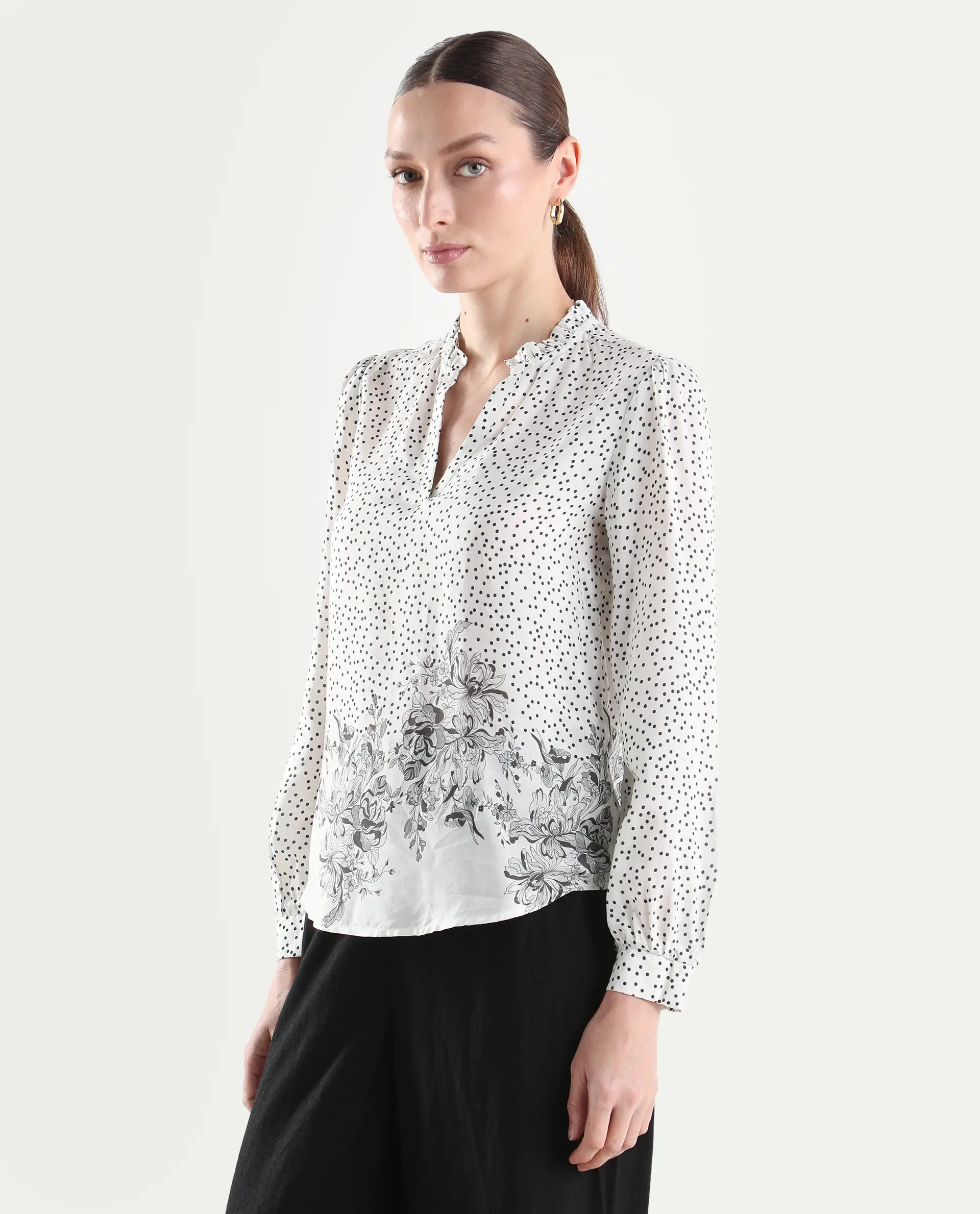 Rareism Women's Coco Off White Viscose Blend Full Sleeve Relaxed Fit Floral Print Top - Image 5