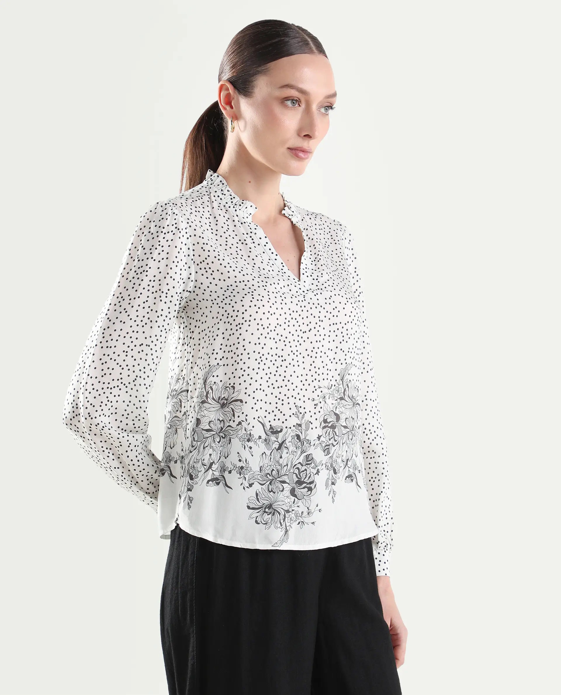 Rareism Women's Coco Off White Viscose Blend Full Sleeve Relaxed Fit Floral Print Top - Image 6