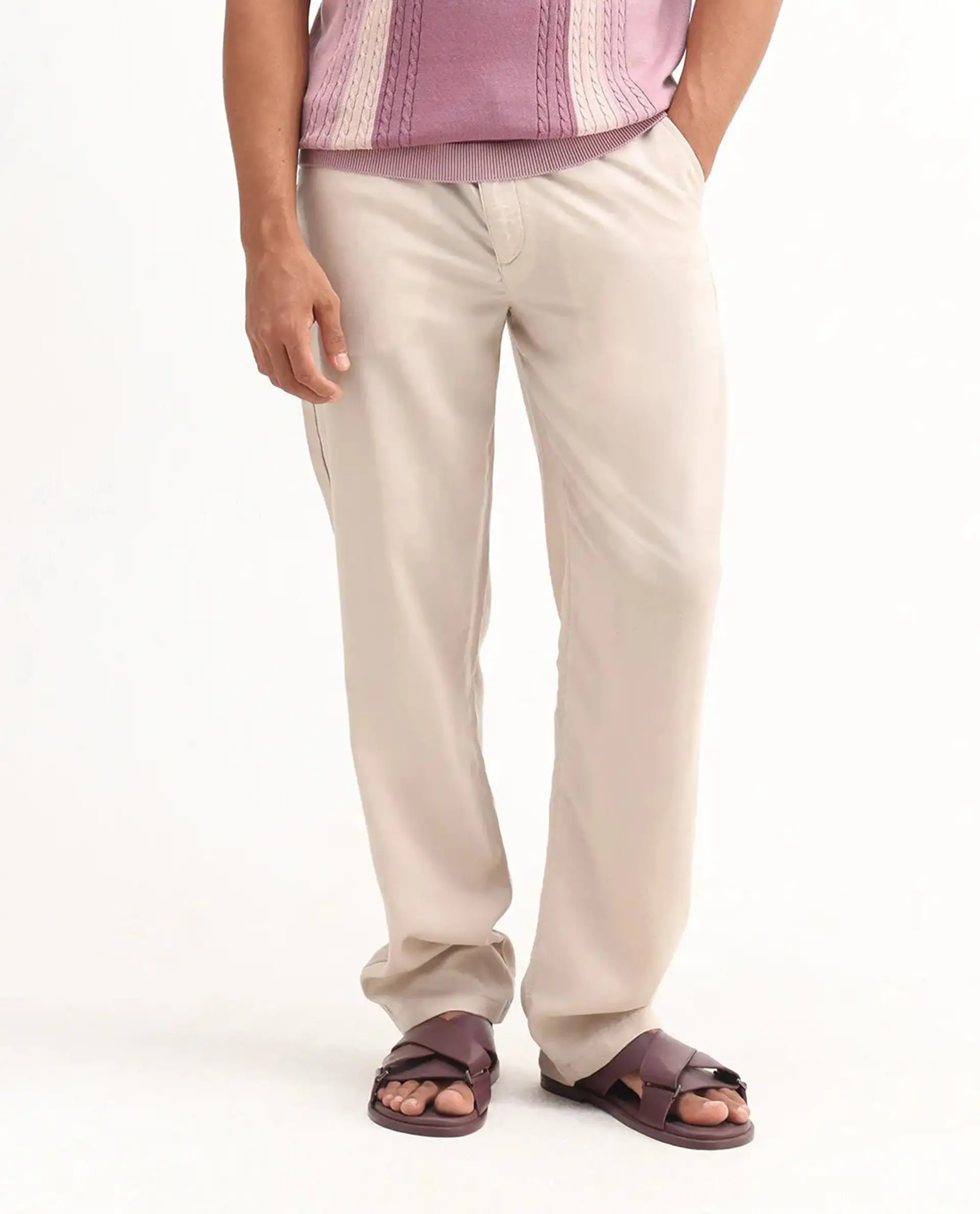 Rare Rabbit Men's Coft-B Beige Linen Blend Plain Loose Fit Trouser - Image 10