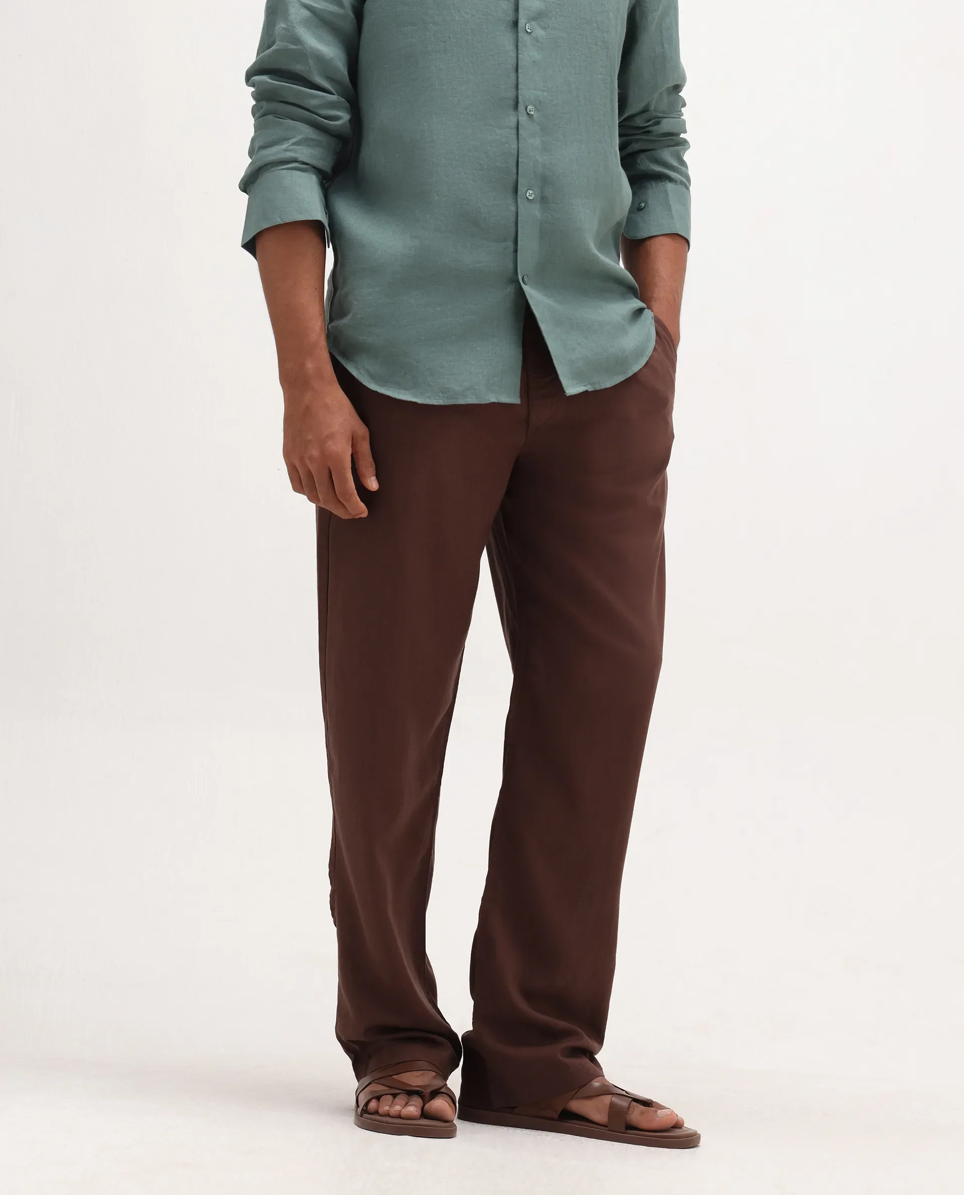 Rare Rabbit Men's Coft-B Brown Linen Blend Plain Loose Fit Trouser - Image 2