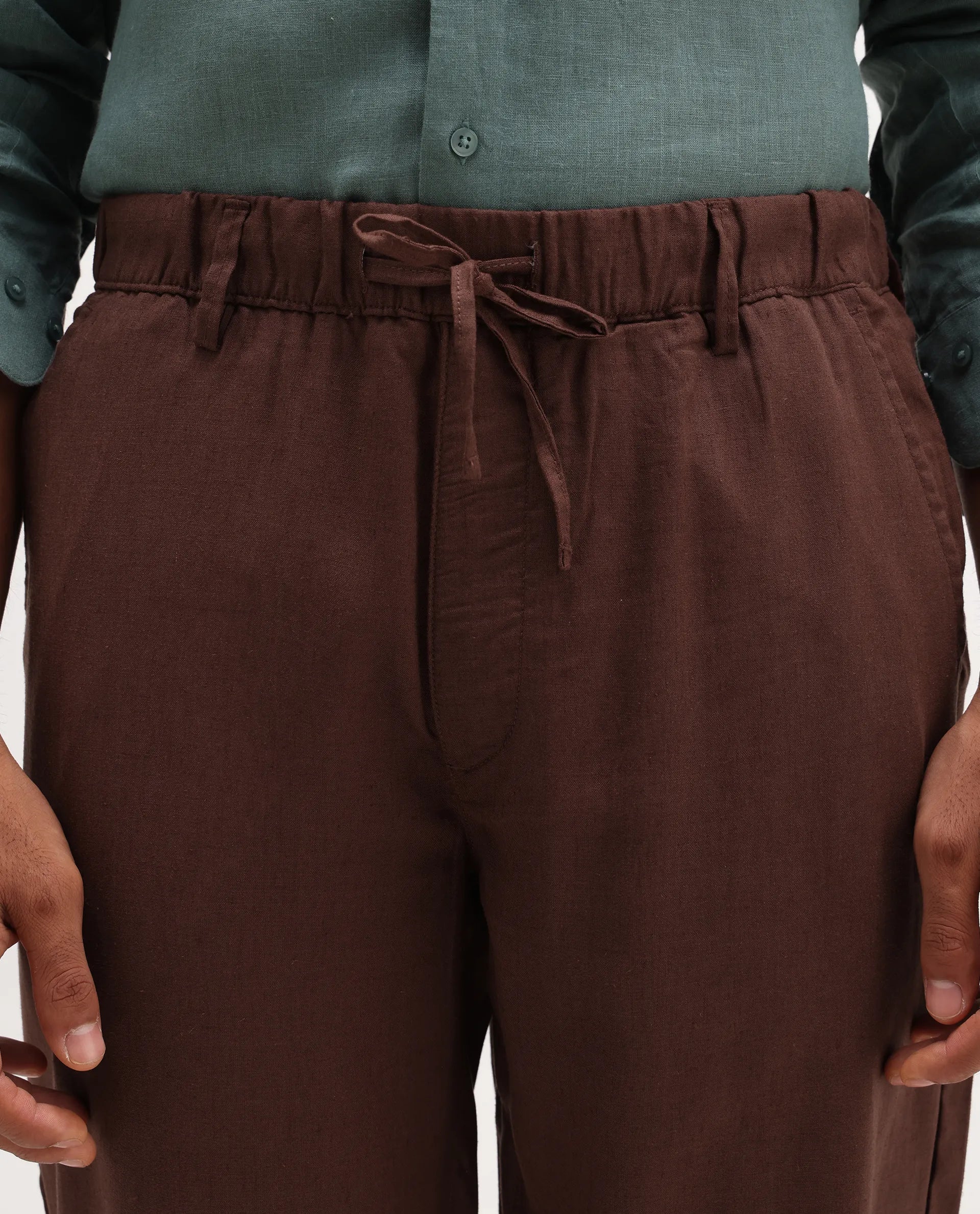 Rare Rabbit Men's Coft-B Brown Linen Blend Plain Loose Fit Trouser - Image 7